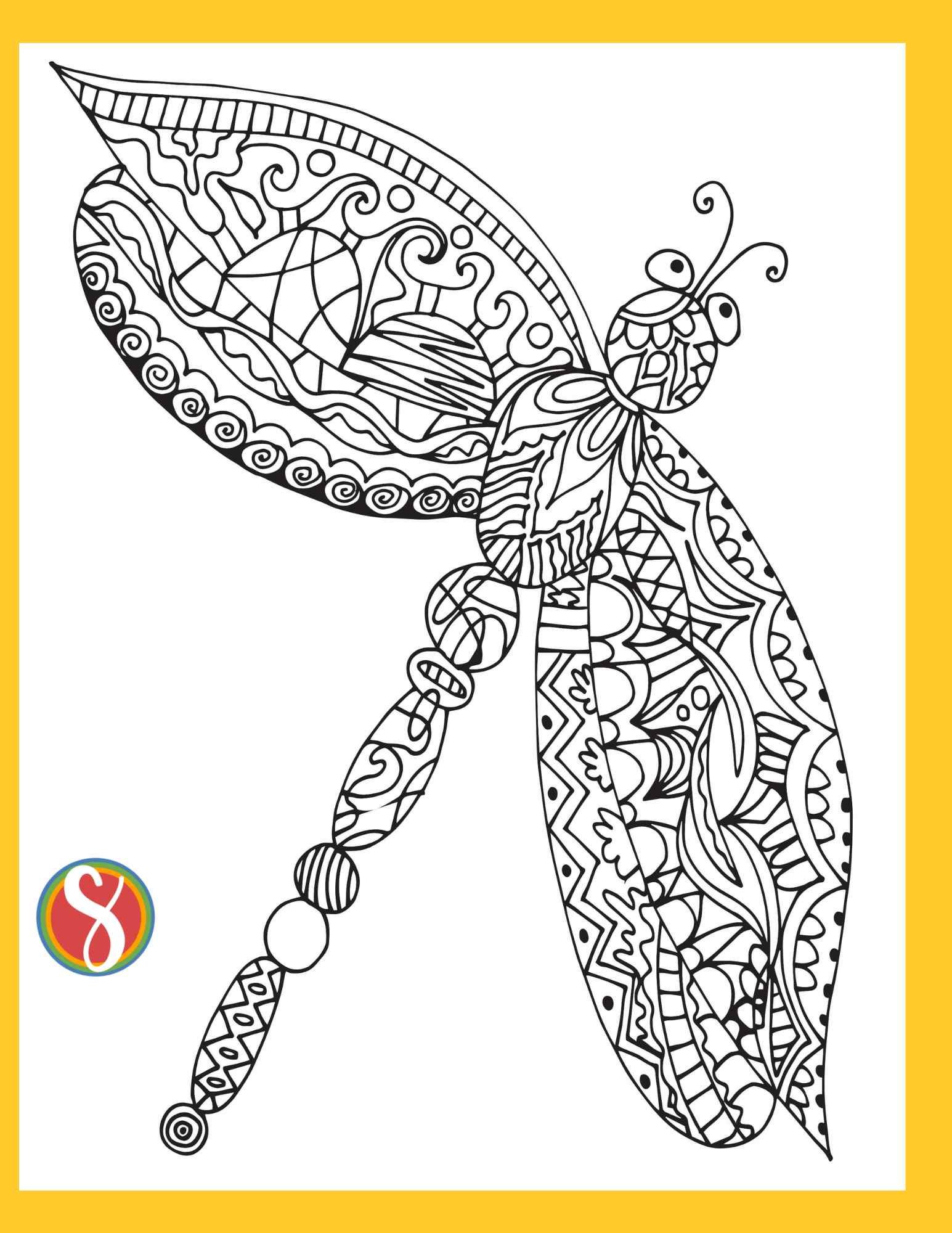 adult dragonfly coloring page, dragonfly outline, lots of doodles inside to color