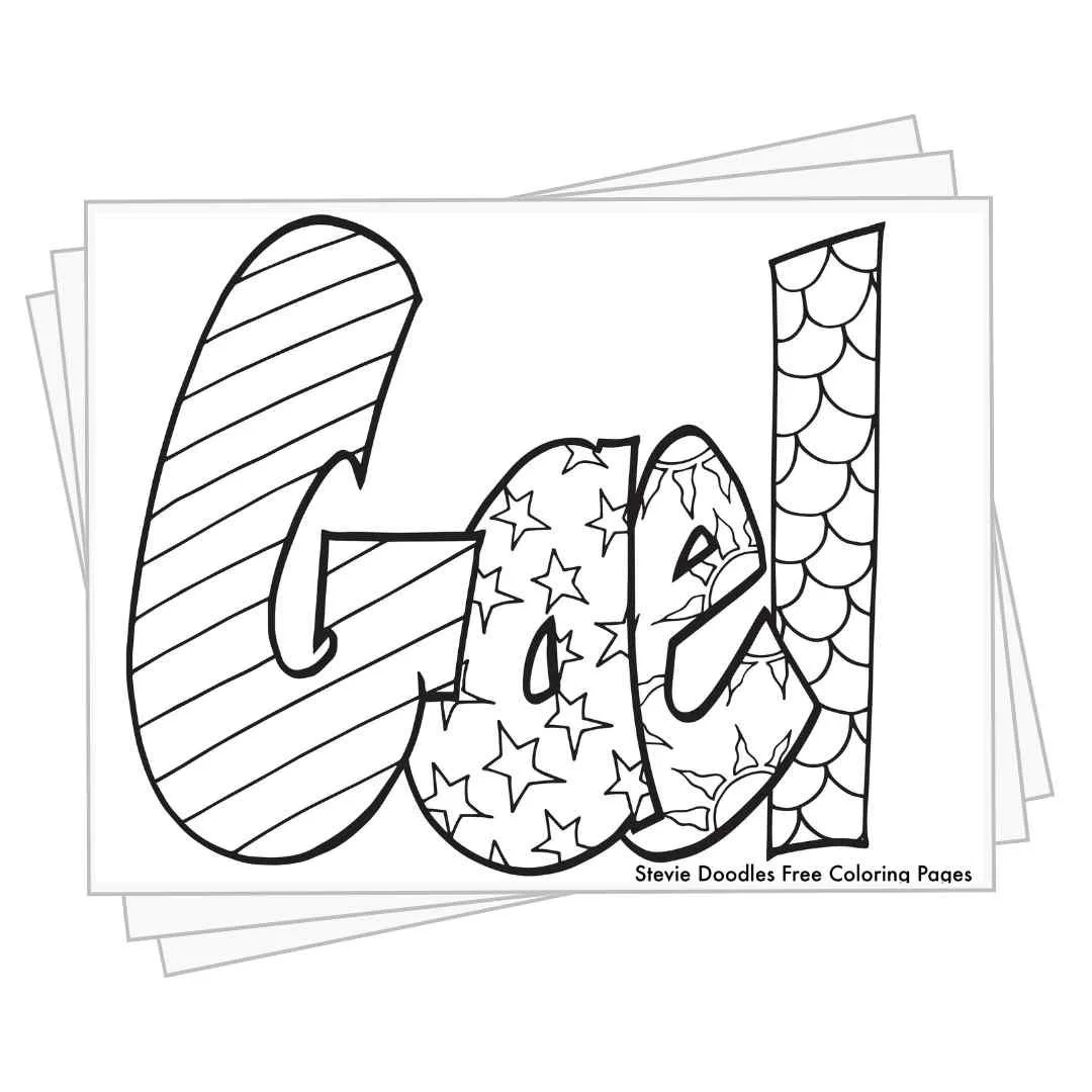 bubble letters "Gael" with doodles inside to color