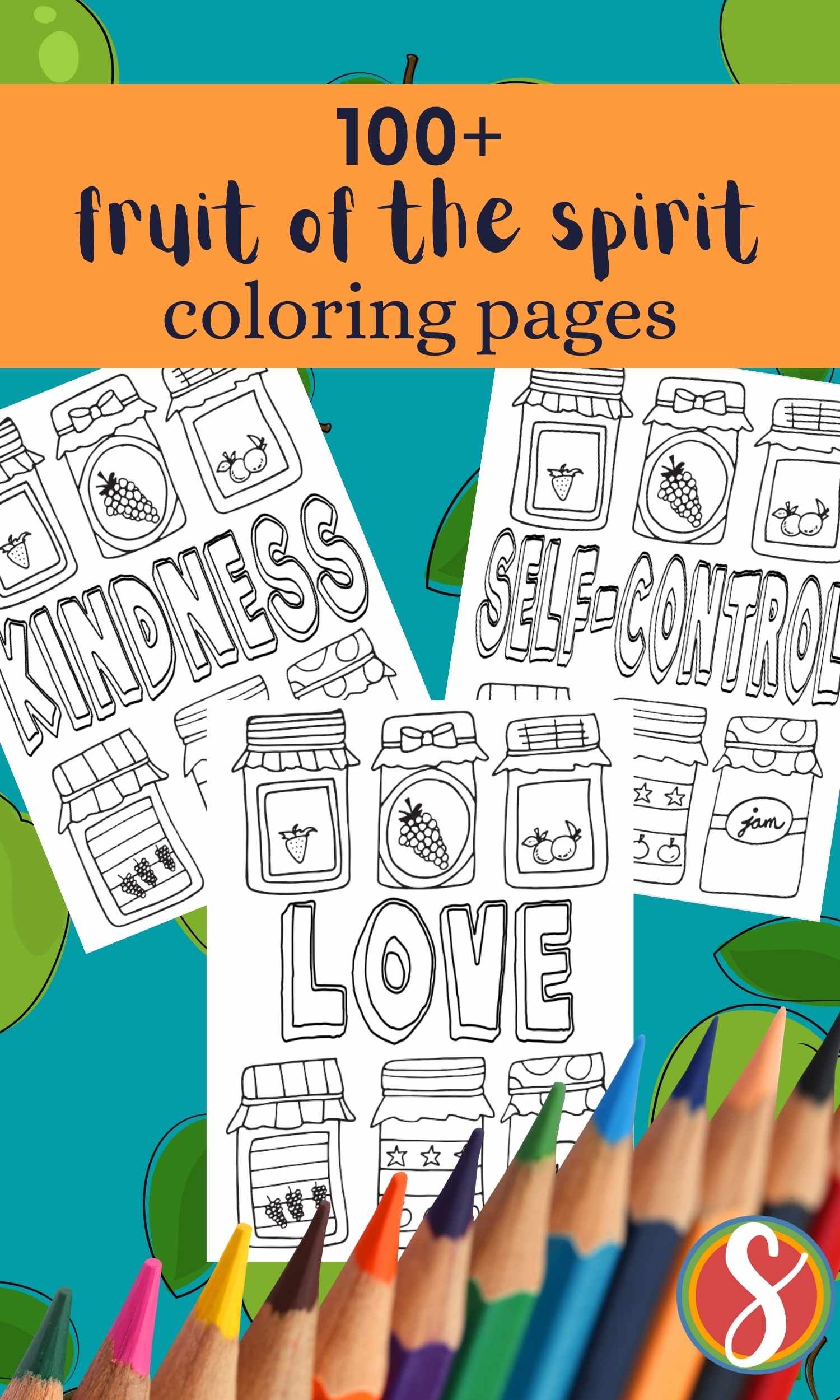 a collage of fruit of the spirit coloring pages, with the fruit in colorable letters surrounded by 6 colorable jam jars