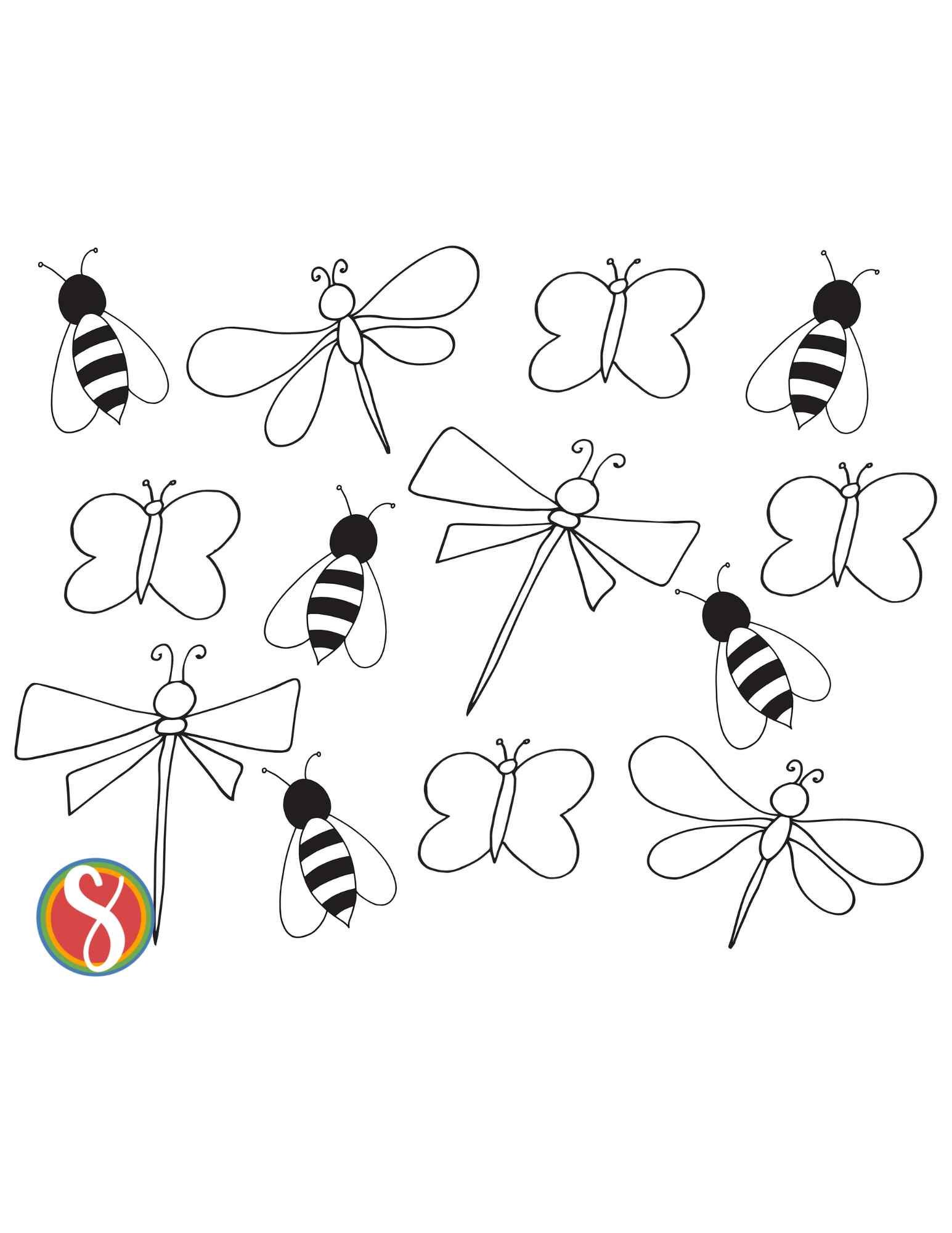 dragonflies coloring page with bees and butterflies