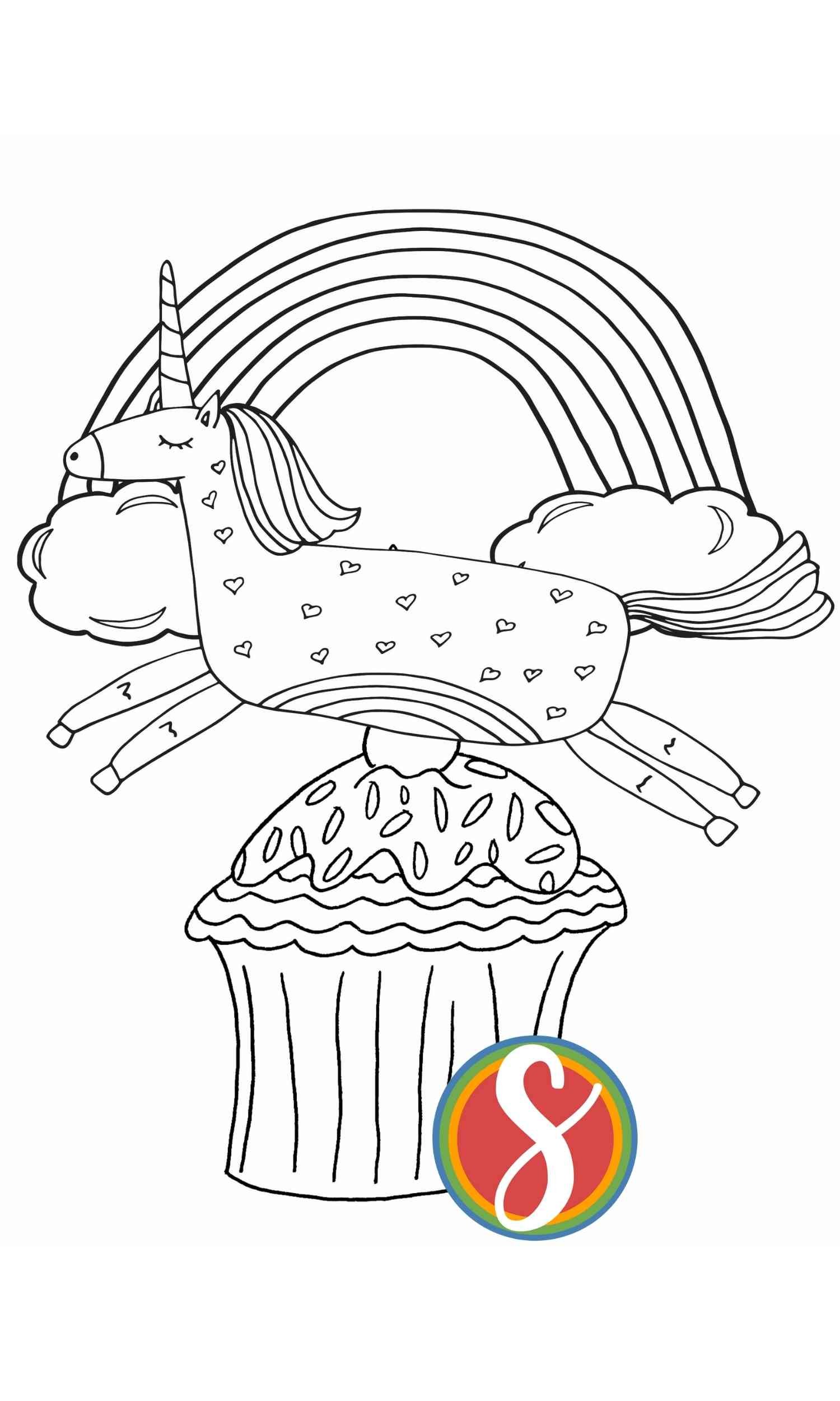 coloring page with unicorn in front of a rainbow jumping over a cupcake
