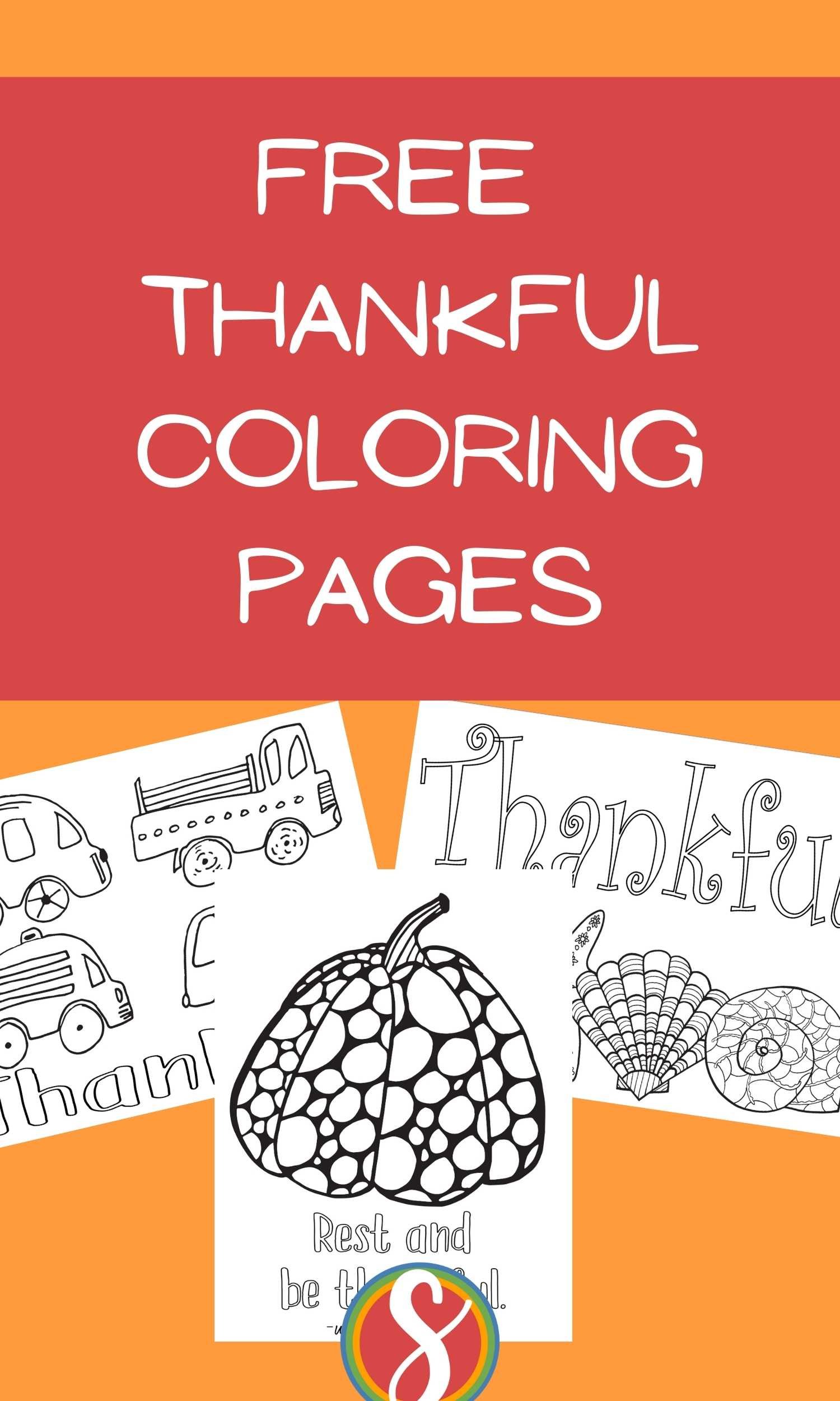collage of thankful coloring pages with thanksgiving-themed art