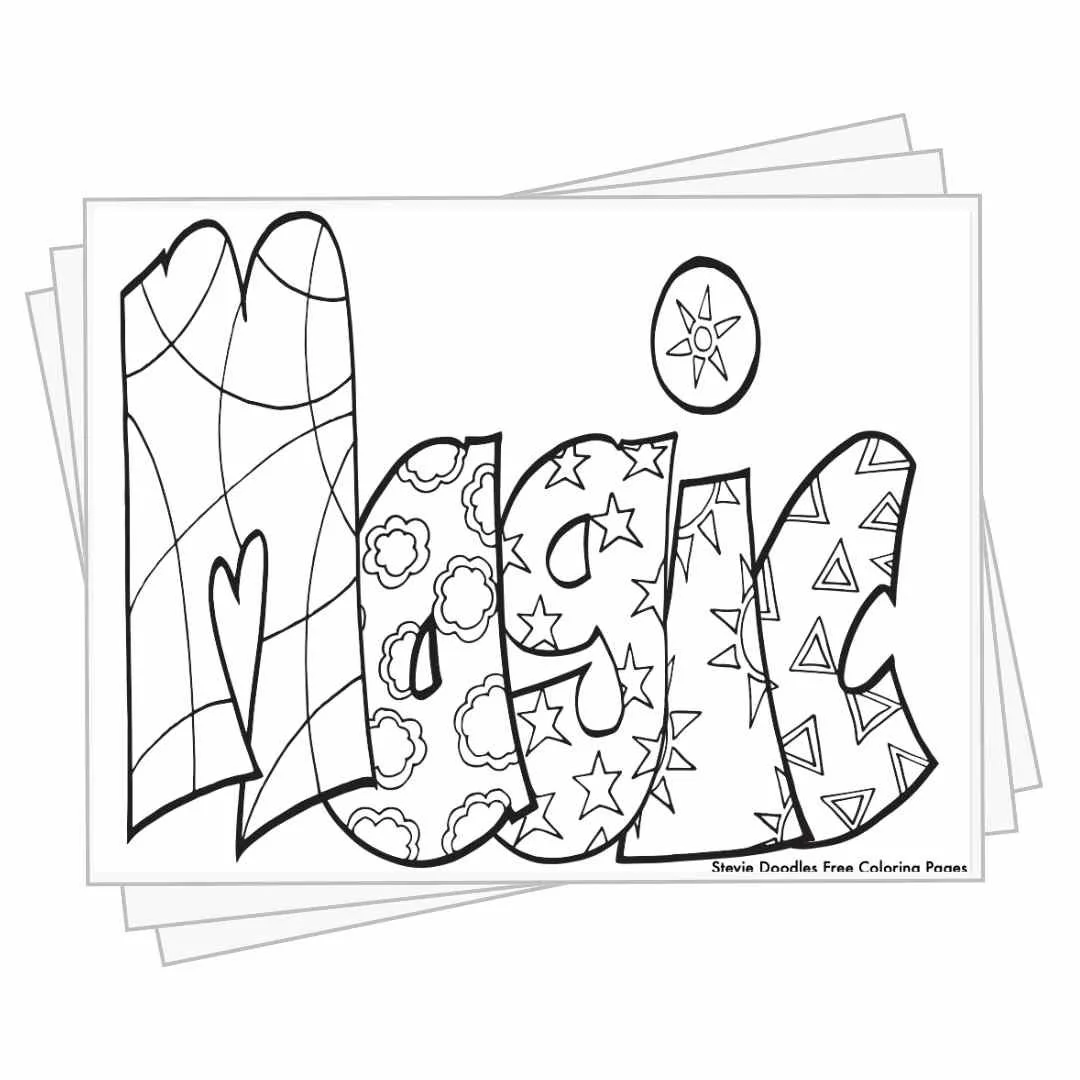bubble letters "Magic" with doodles inside to color