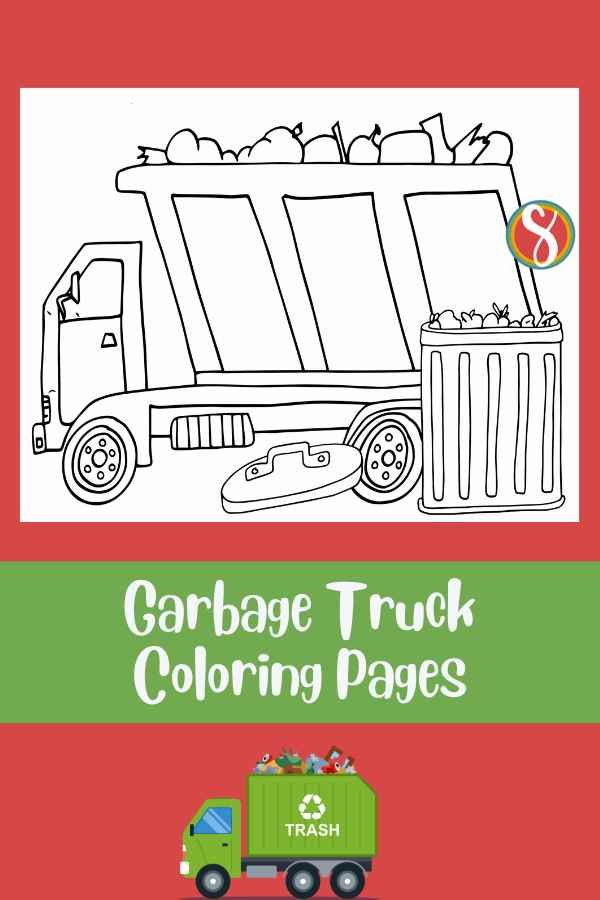 garbage truck coloring page with full trash can, lid on the ground