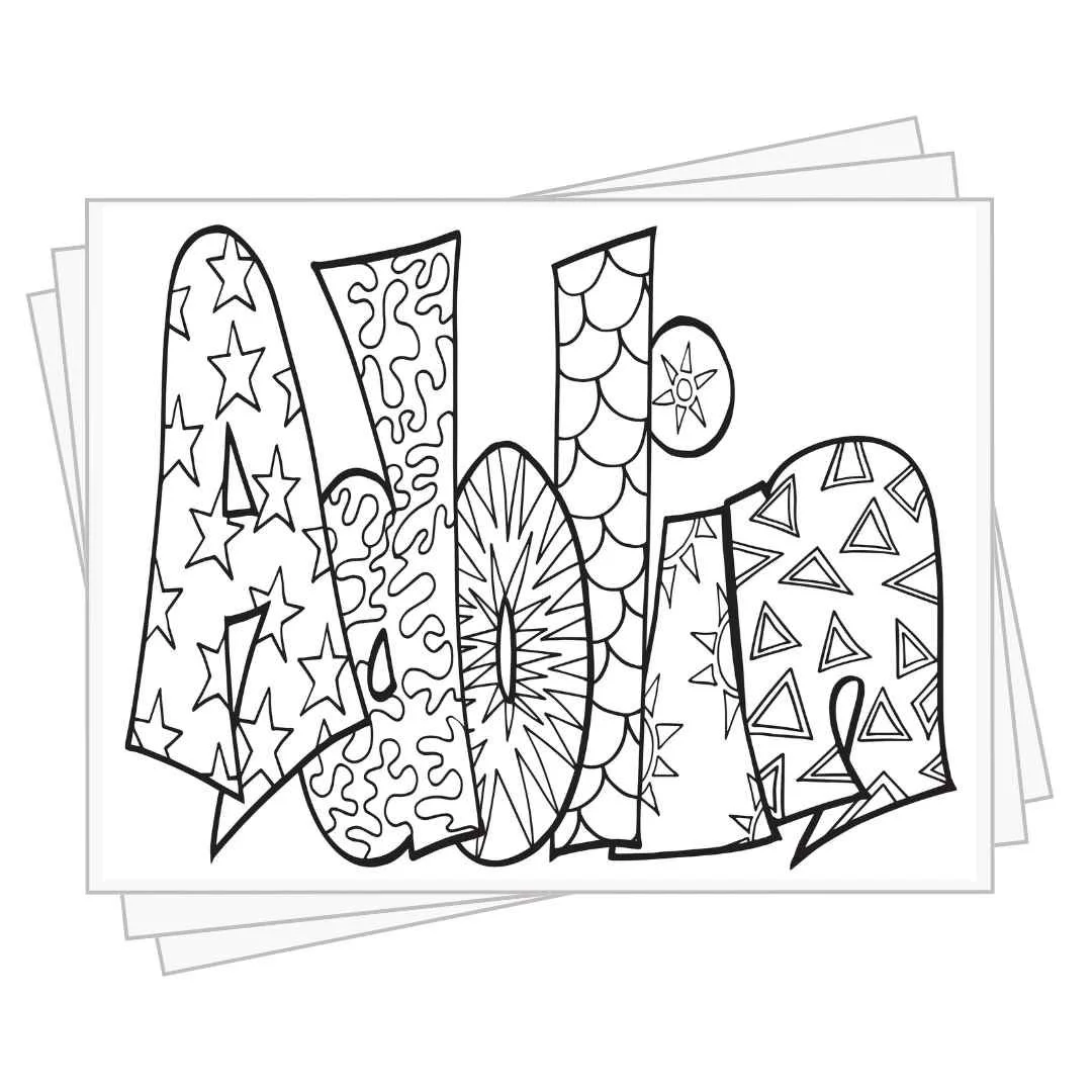 bubble letters "Adolin" with doodles inside to color