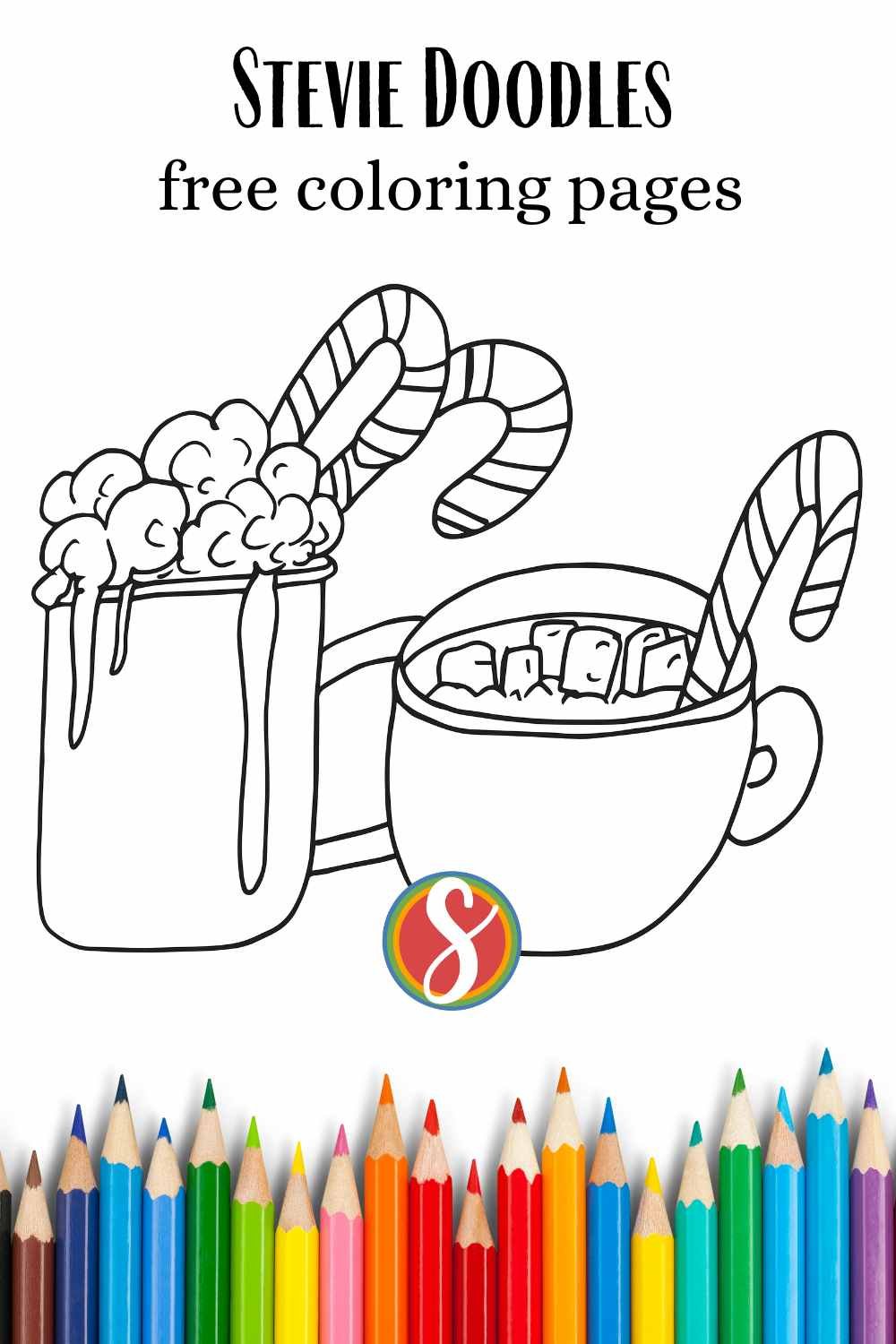 2 cups of hot cocoa with candy canes to color