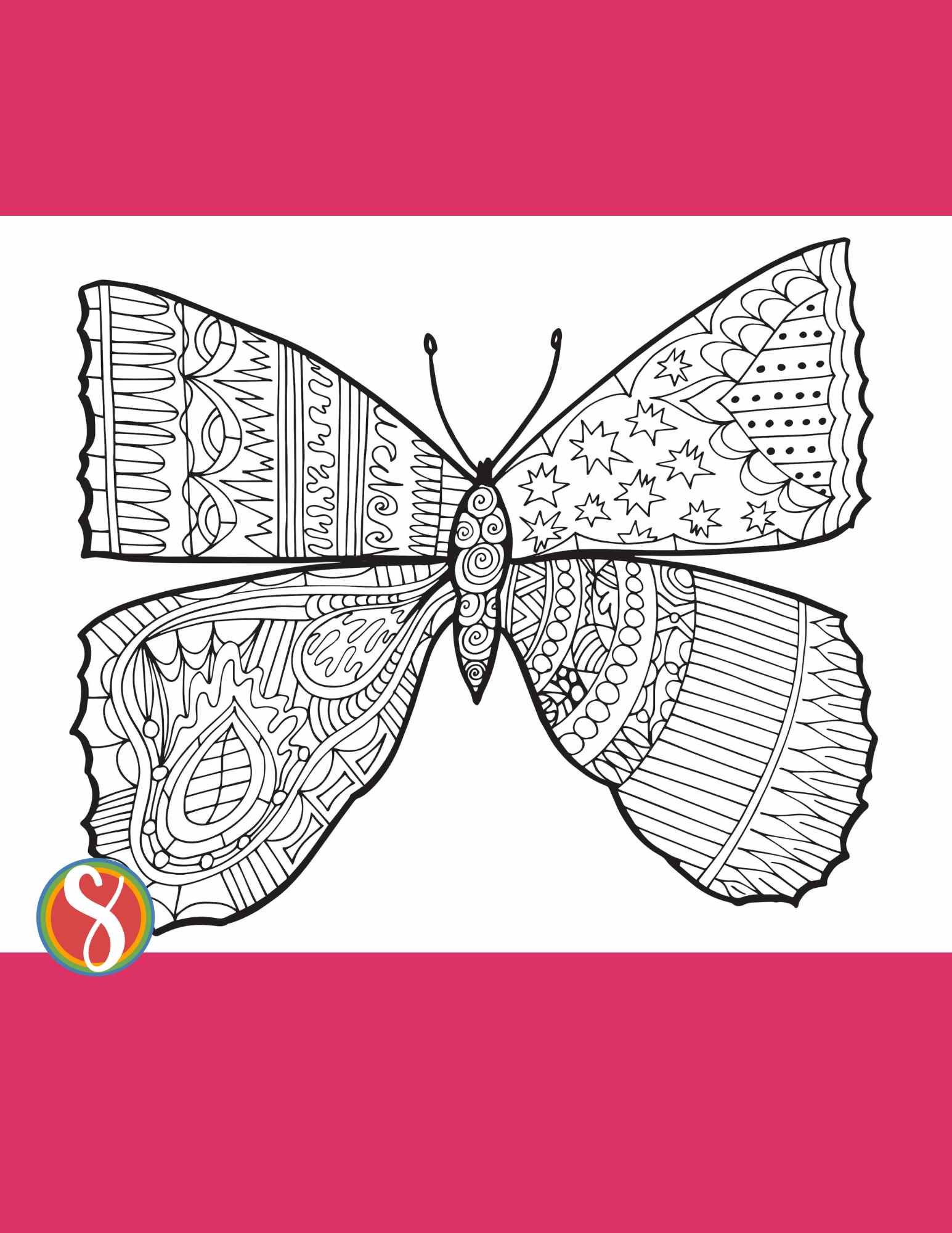 a large butterfly with zentangle doodles inside to color