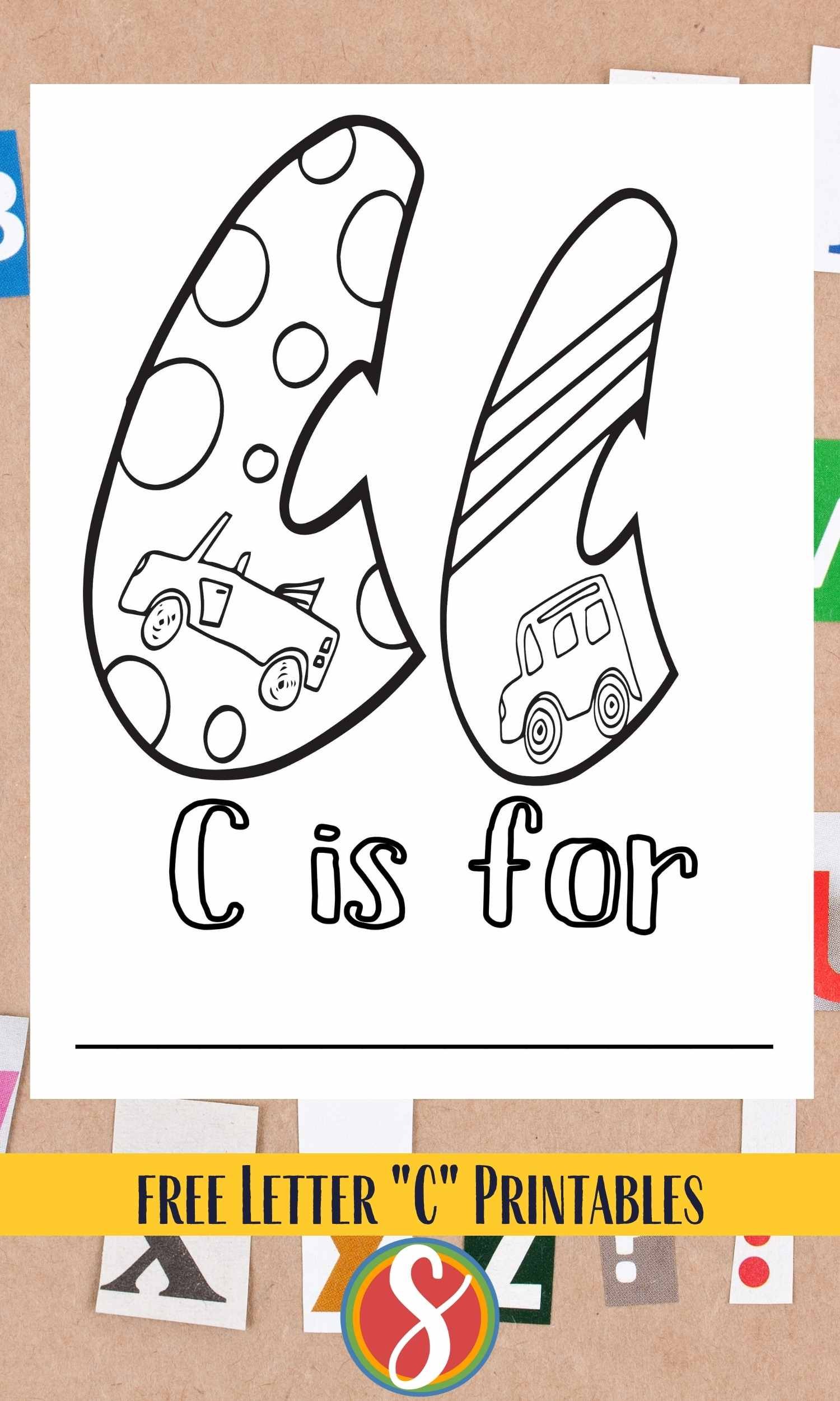 Bubble letter c's, one big one small, cars drawn inside to color