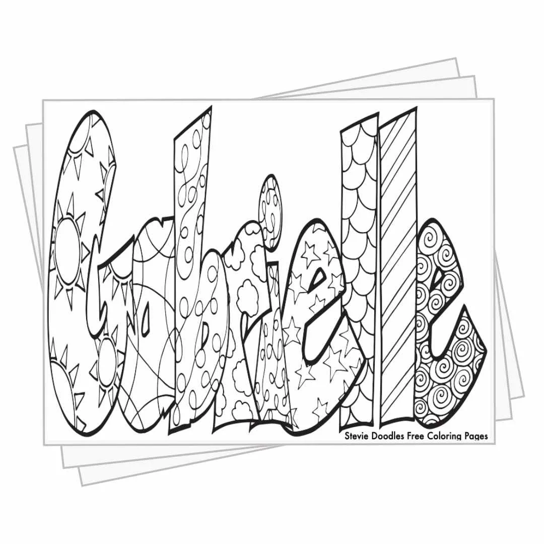 bubble letters "Gabrielle" wtih doodles inside to color