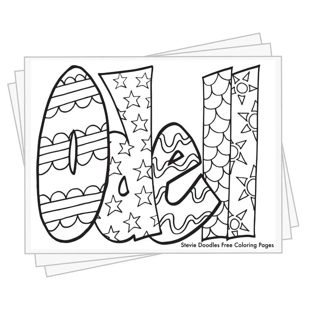 bubble letters "Odell" with doodles inside to color