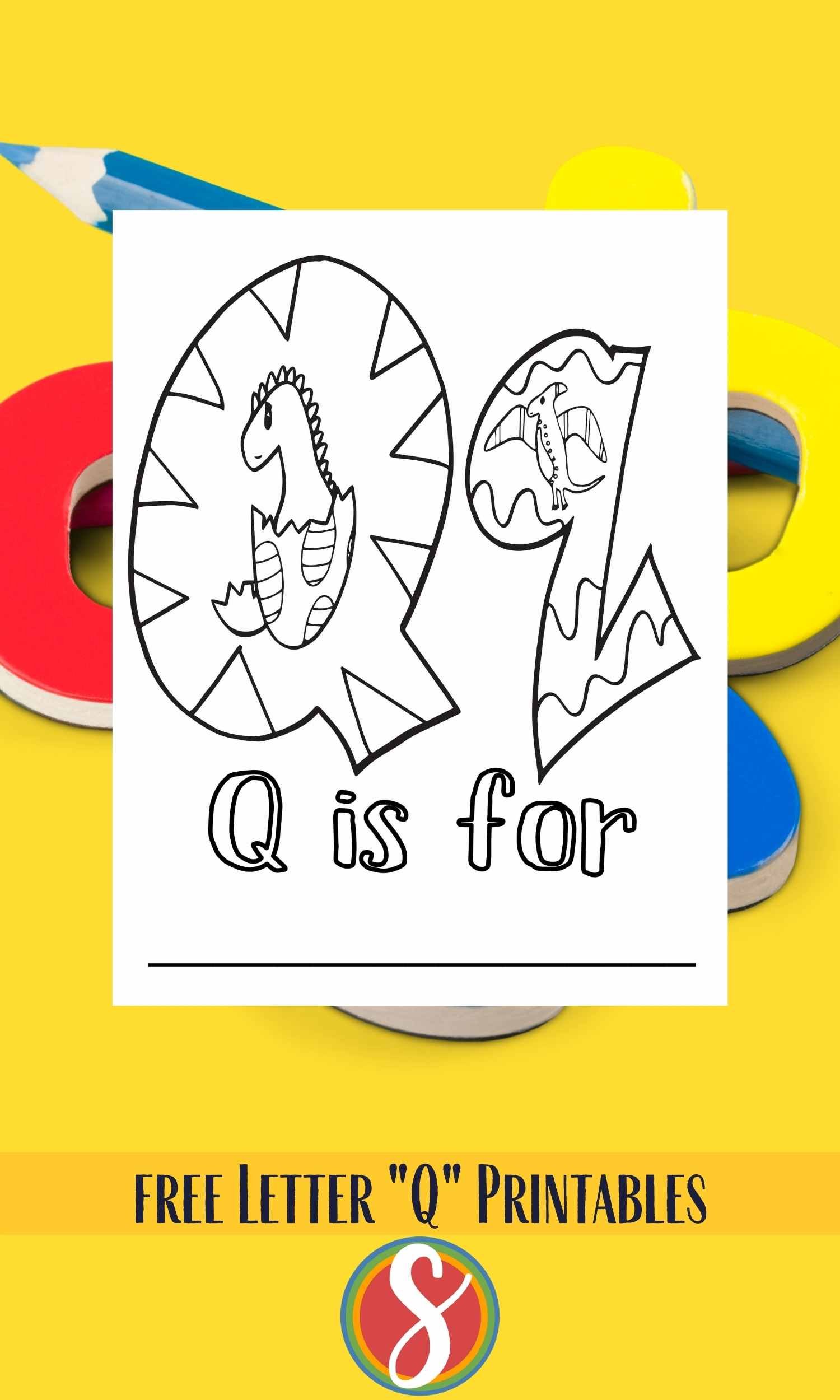 Bubble letters "Qq" with dinosaurs inside to color