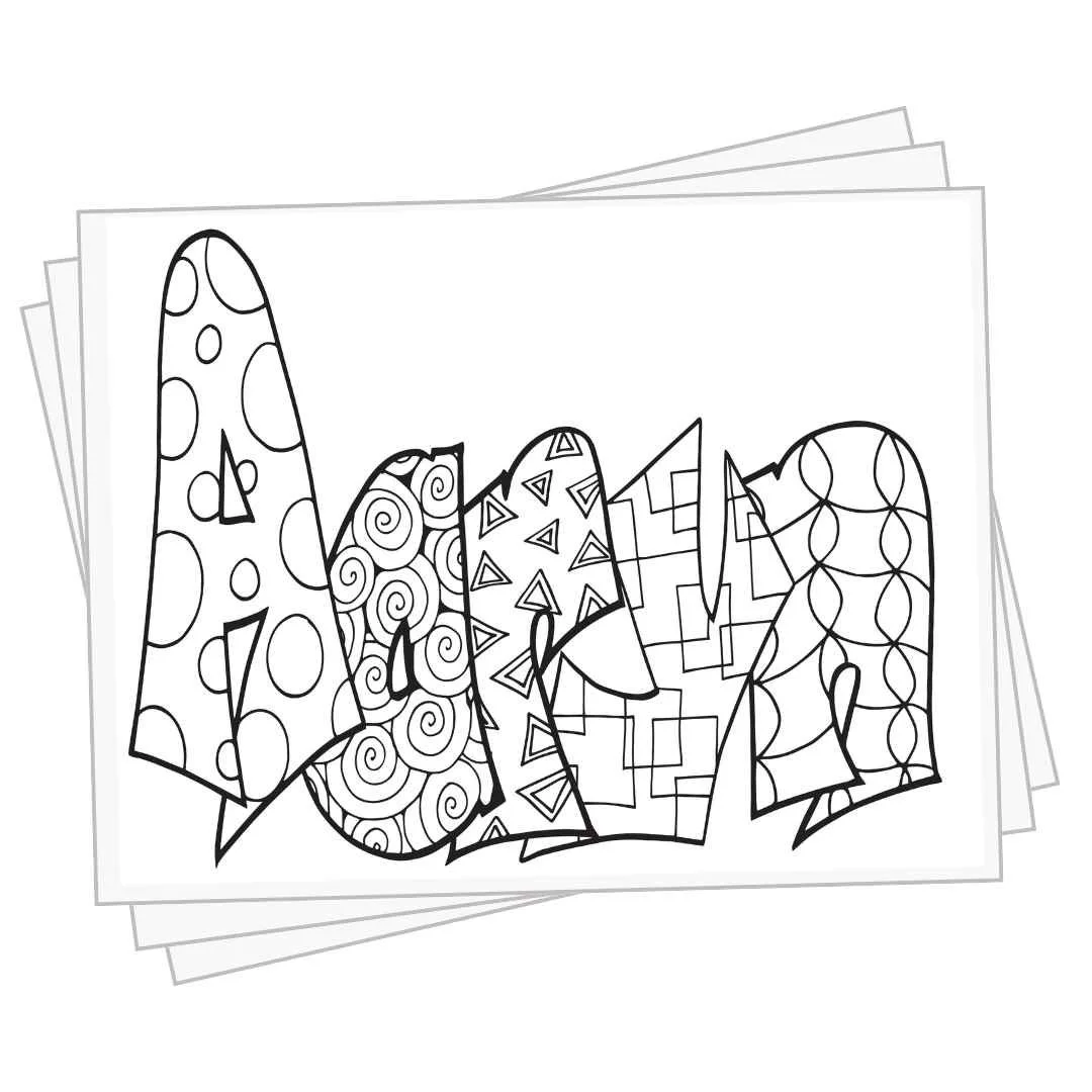 bubble letters "Aaryn" with doodles inside to color