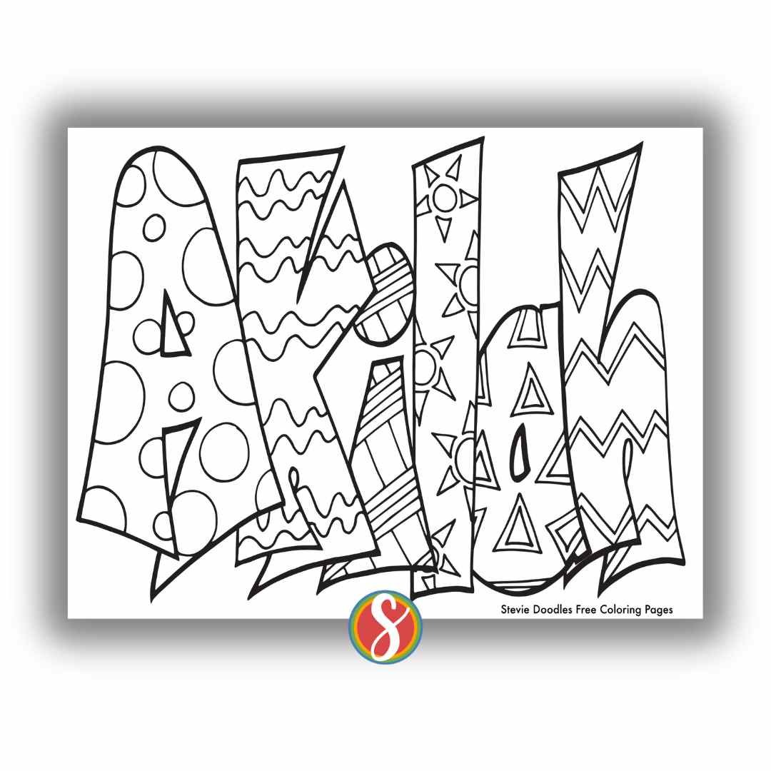 bubble letters "Akilah" with doodles inside to color
