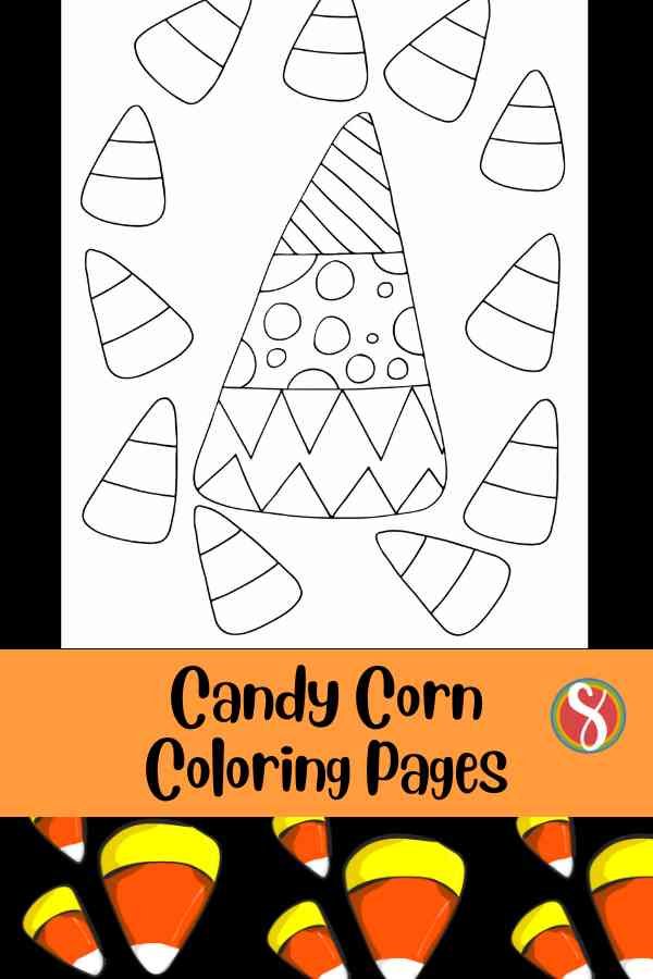 large candy corn with doodles inside to color and smaller candy corns around it