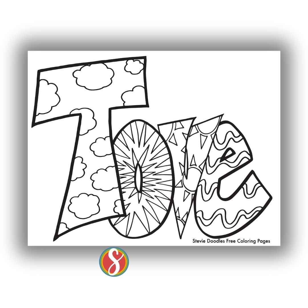 bubble letters "Tove" with doodles inside to color