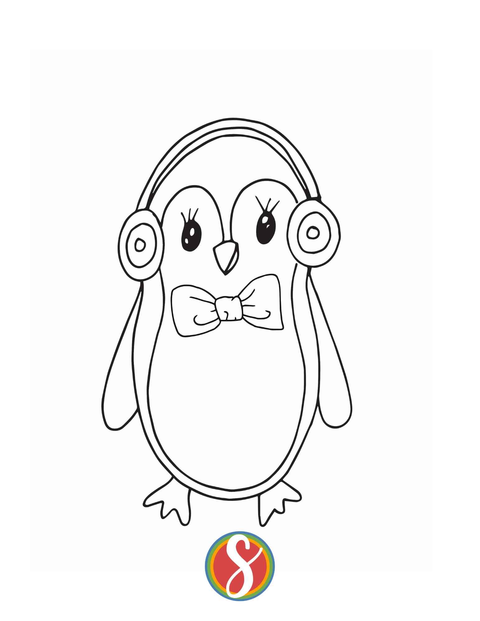 a simple penguin drawing with big eyes, wearing headphones and a bowtie and ready to color
