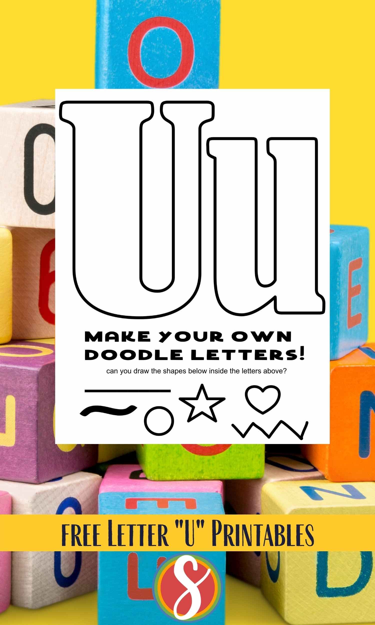 Empty bubble letters "Uu" and invitation do make your own doodles inside to color