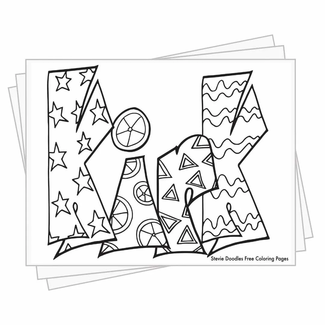 bubble letters "Kirk" with doodles inside to color