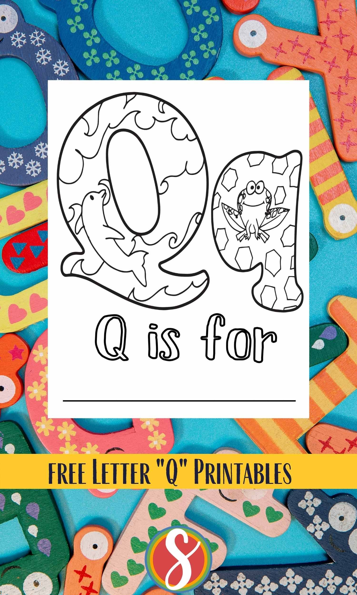 Bubble letter Q with dolphin inside and bubble letter q has frog inside