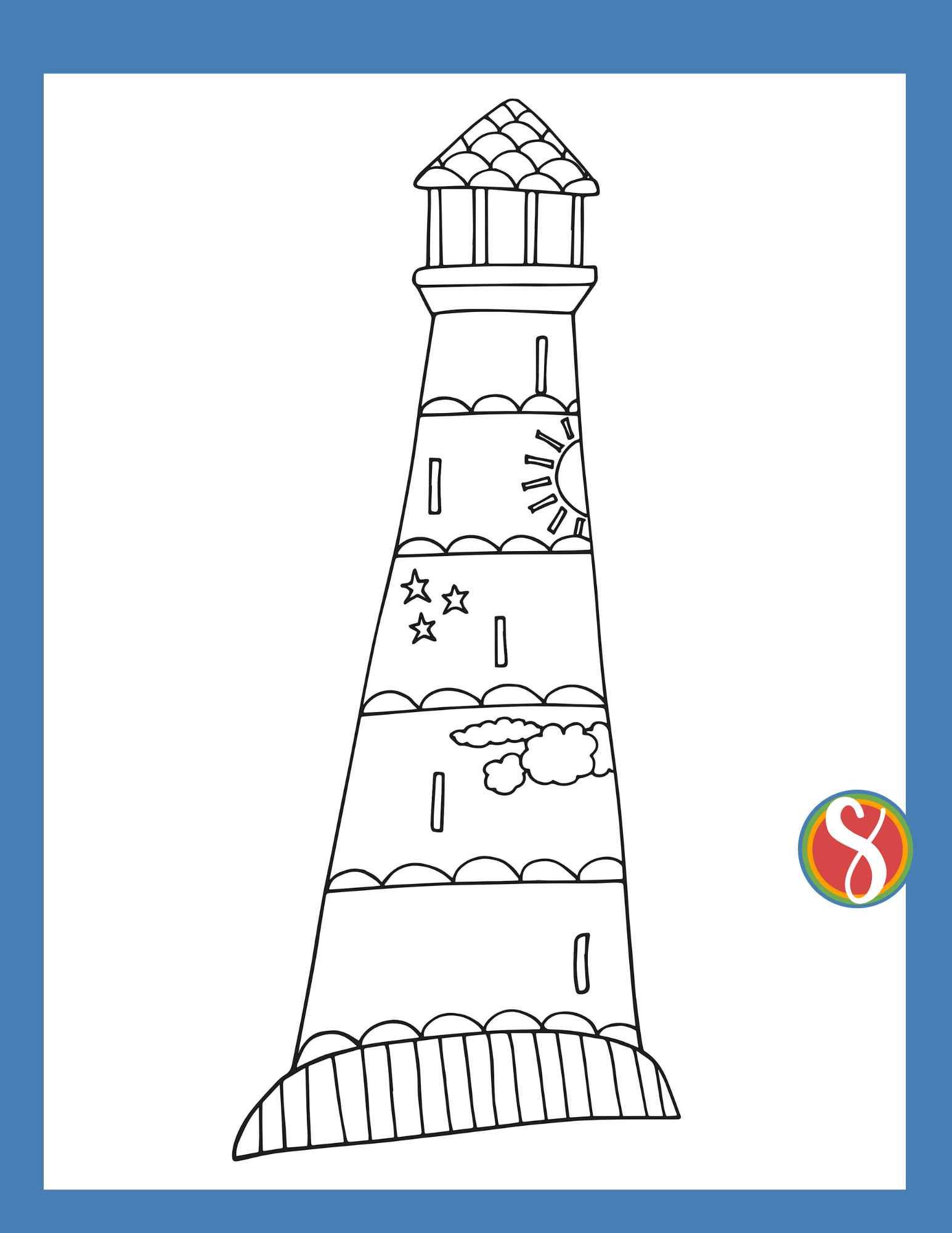 coloring page of a lighthouse with sun, stars, clouds drawn on the side