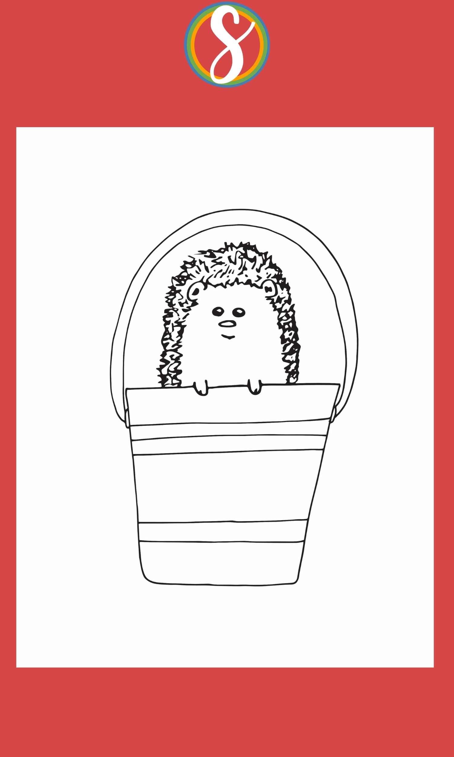 hedgehog coloring page with simple drawing of a hedgehog in a bucket