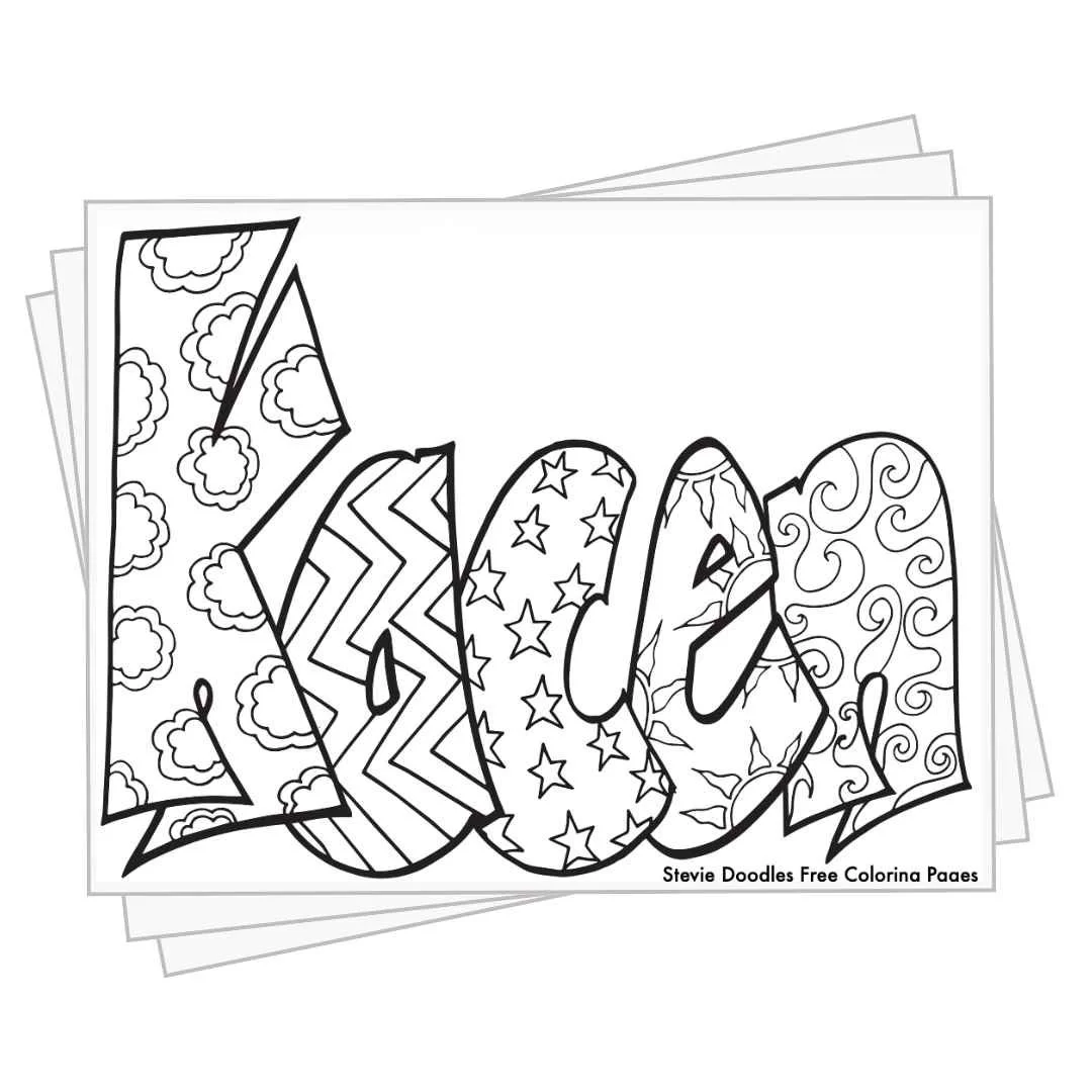 bubble letters "Kacen" with doodles inside to color