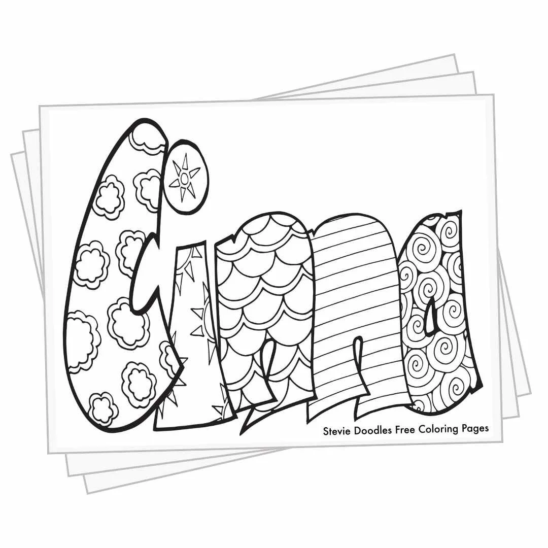 bubble letters "Cinna" with doodles inside to color