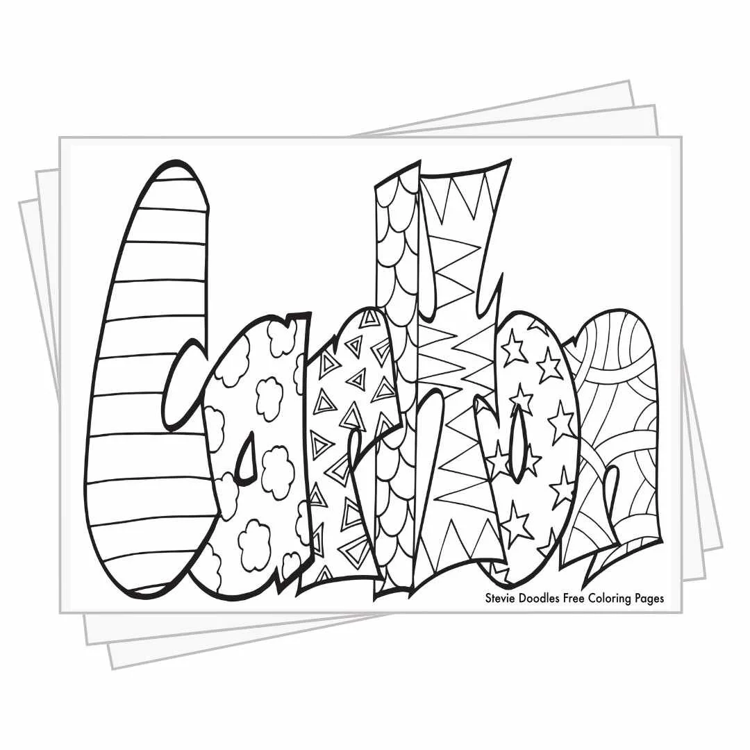 bubble letters "Carlton" with doodles inside to color