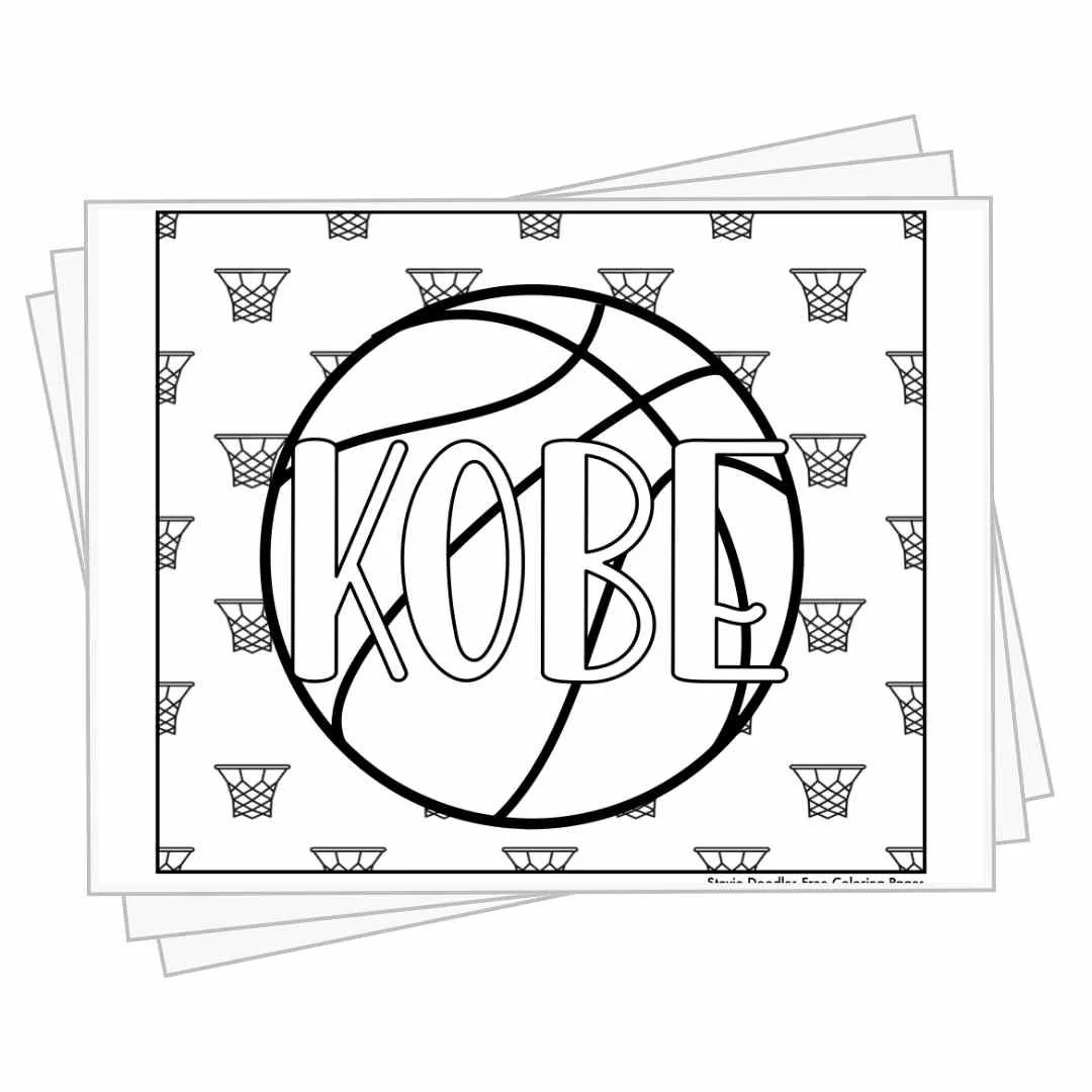 bubble letters "Kobe" in front of basketball elements to color