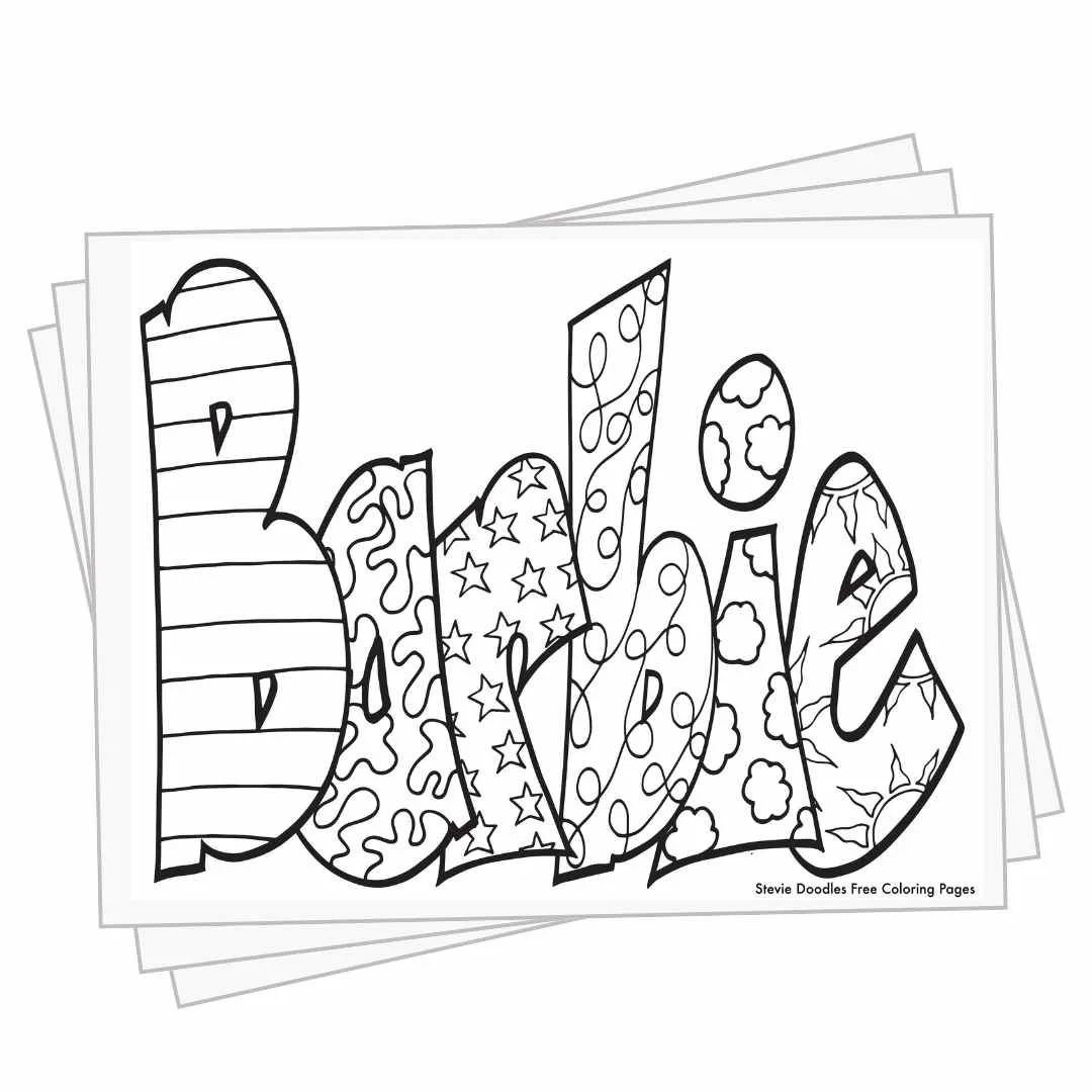 bubble letters "Barbie" with doodles inside to color