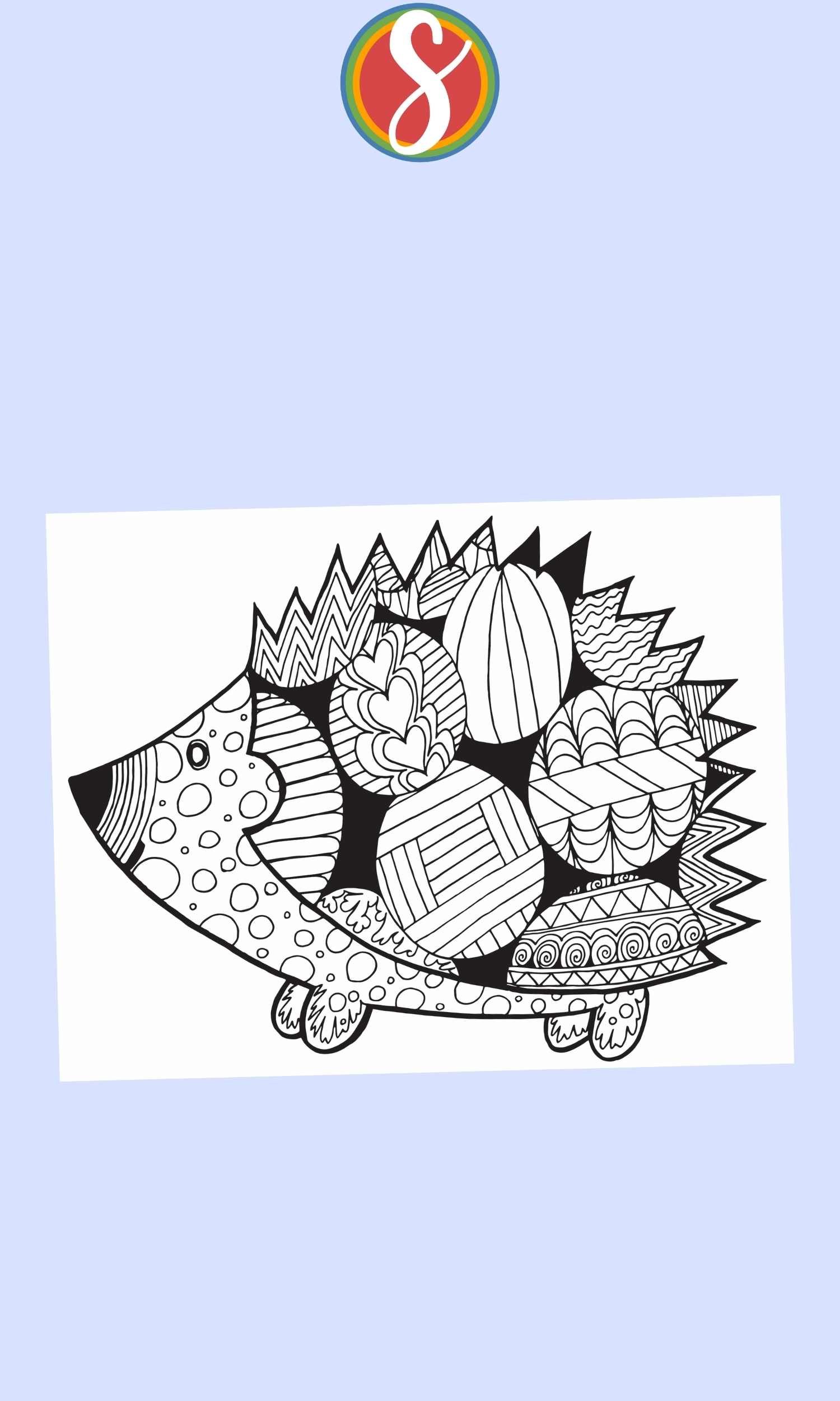 Hedgehog coloring page with a lot of little doodles inside to color