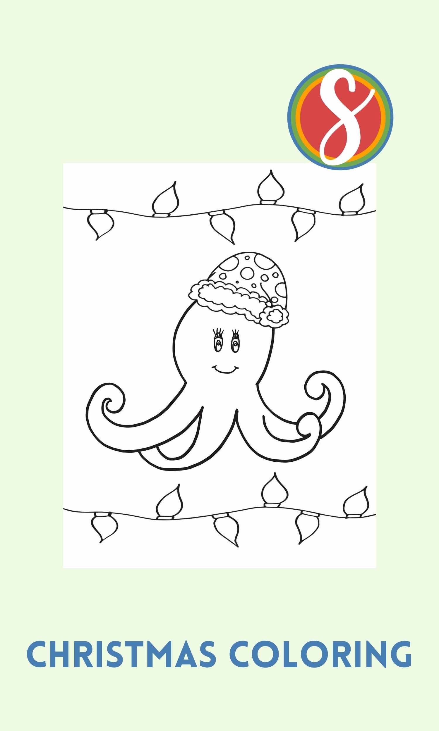 a coloring page with a light green background, a simple octopus wears a christmas hat and has a sting of colorable christmas lights above and below the octopus
