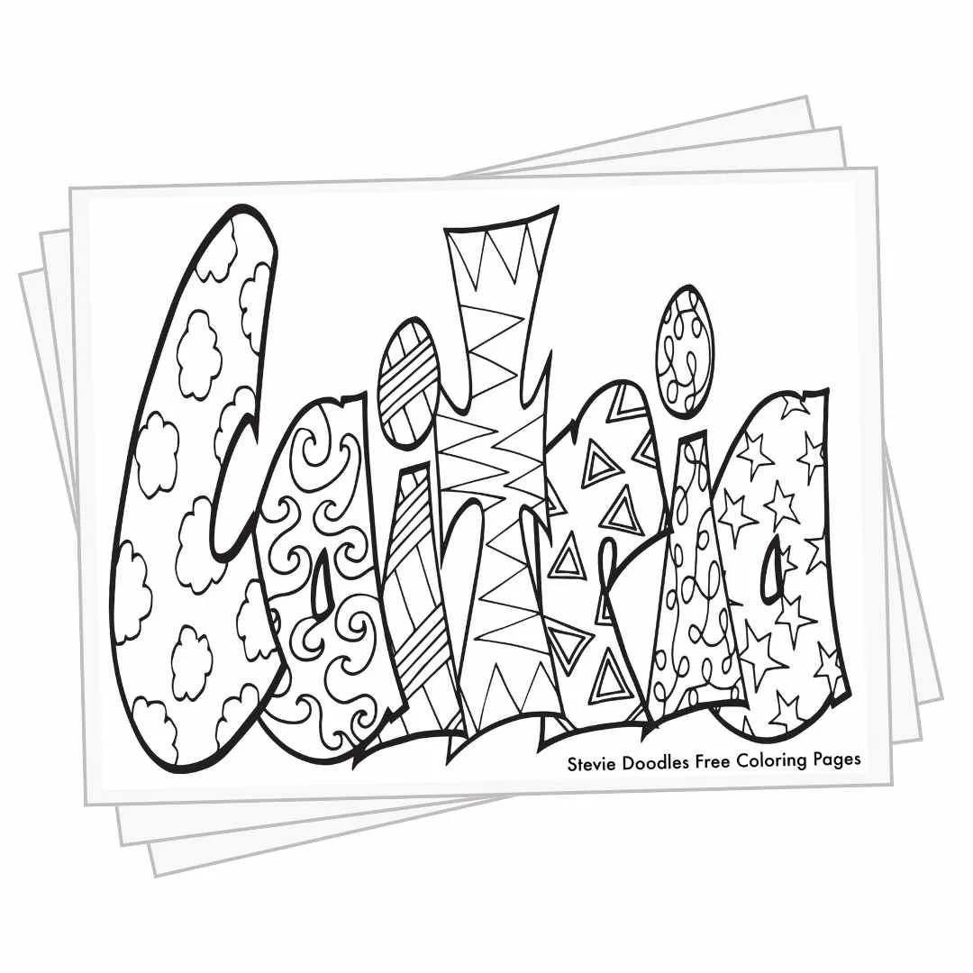 bubble letters "Catria" with doodles inside to color