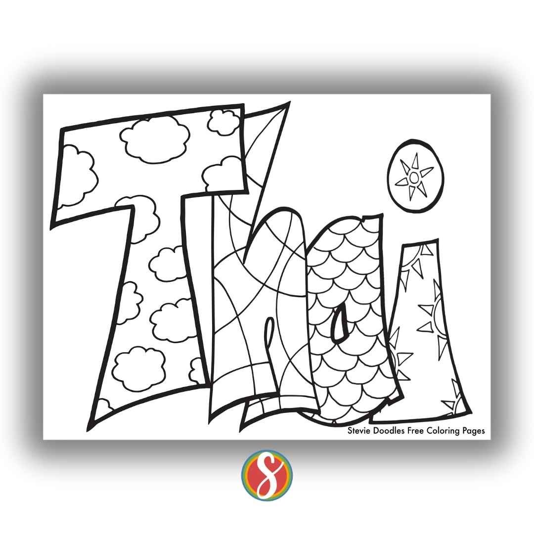 bubble letters "Thai" with doodles inside to color