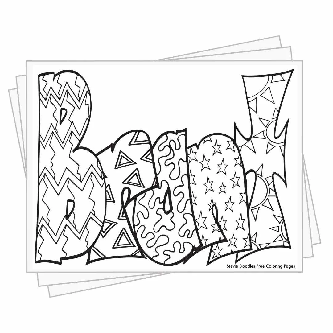 bubble letters "Brant' with doodles to color