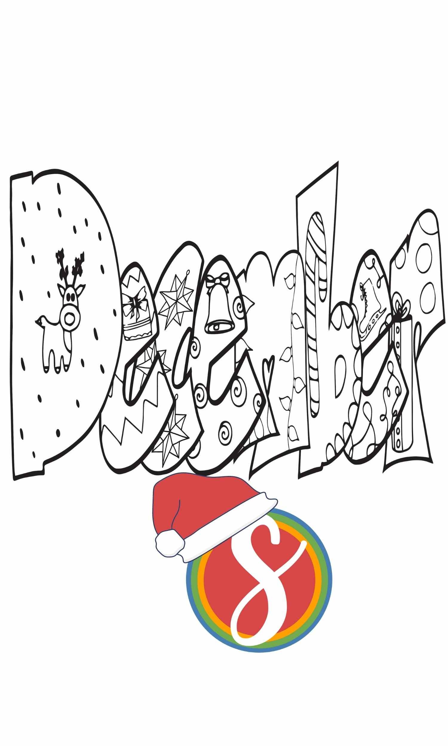 bubble letters "December" with christmas doodles inside to color