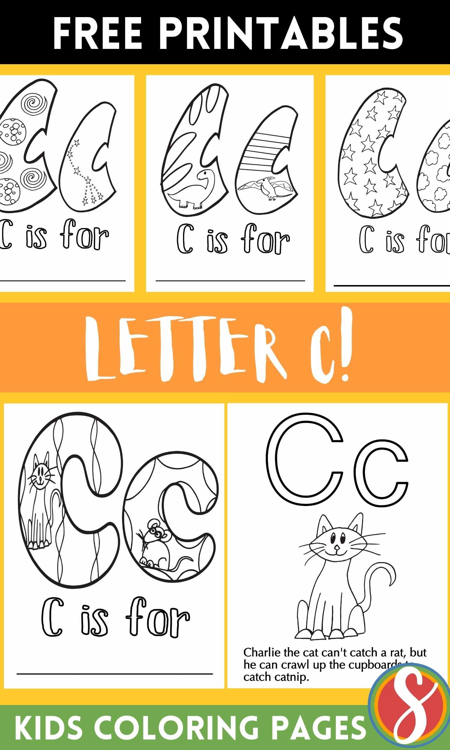 a collage of letter c coloring pages