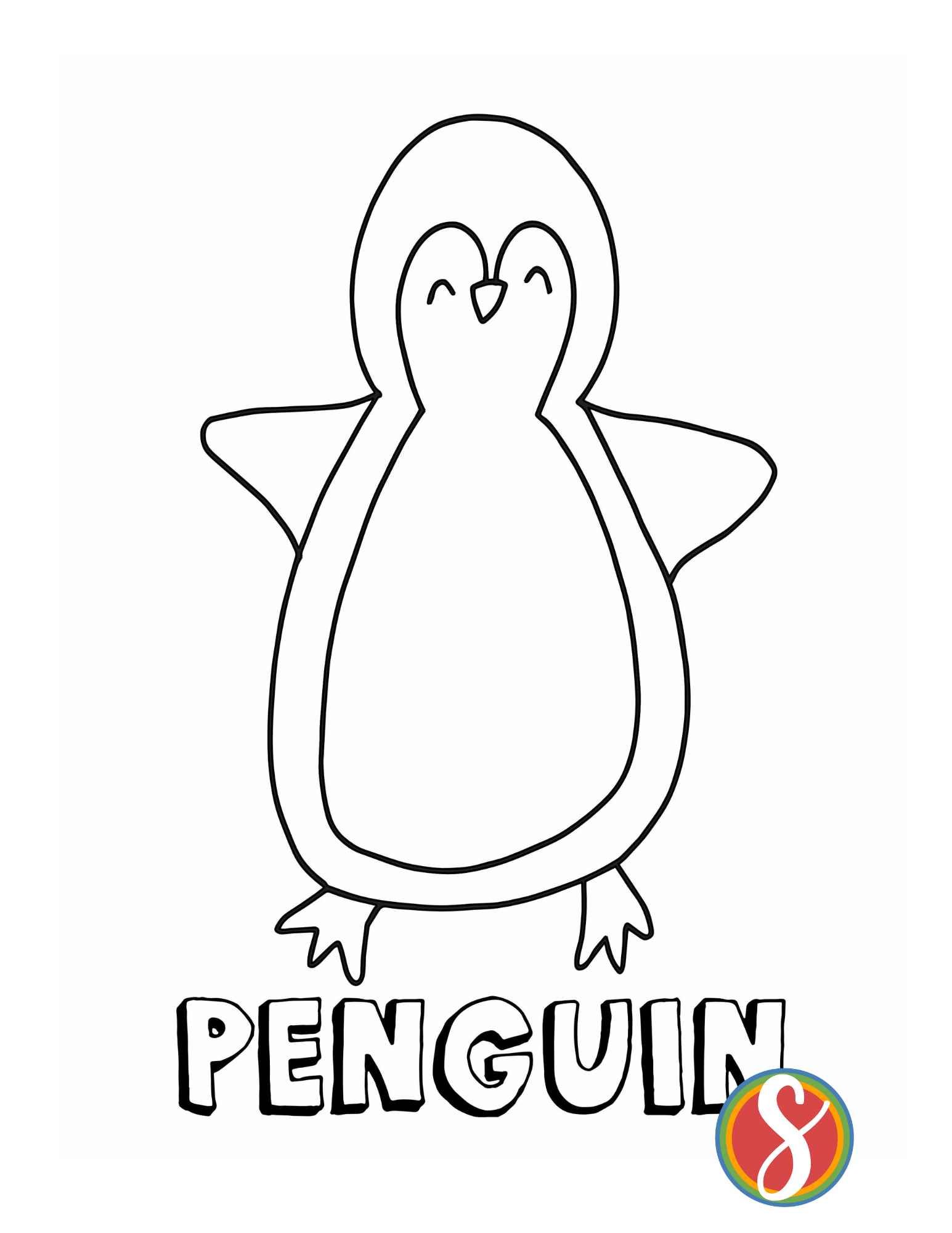 a large, simple penguin coloring image with the colorable word "penguin" underneath