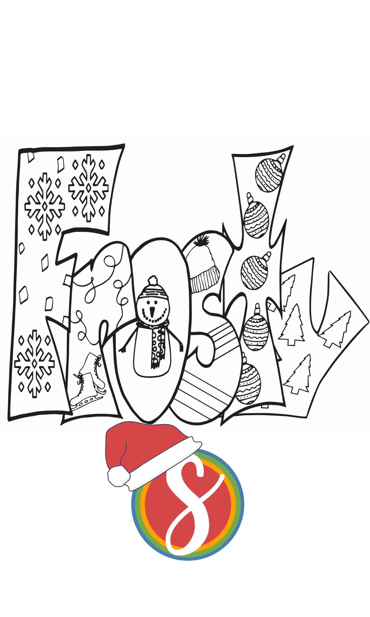bubble letters "Frosty" with Christmas doodles inside to color