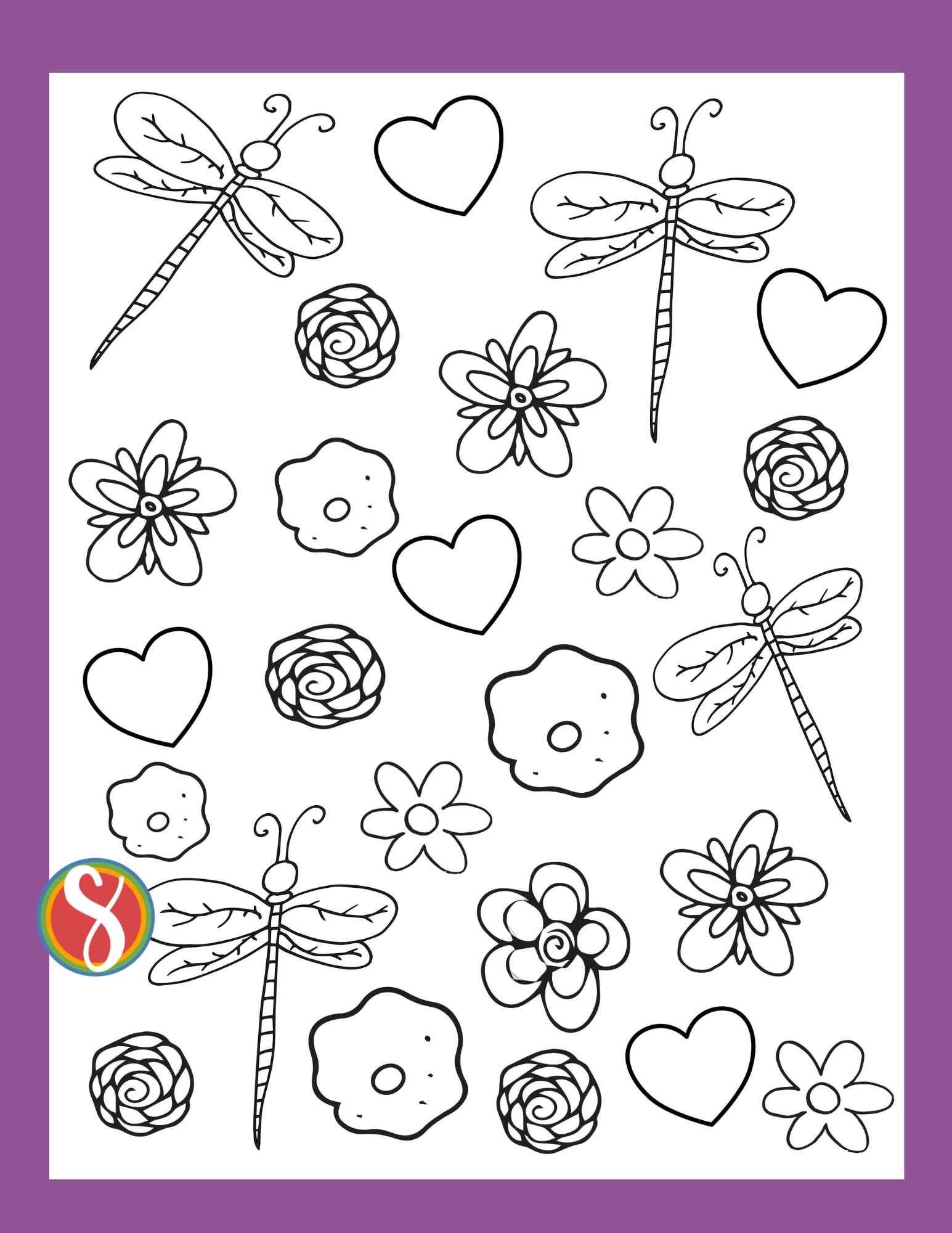 4 little dragonflies and a bunch of little flowers coloring page