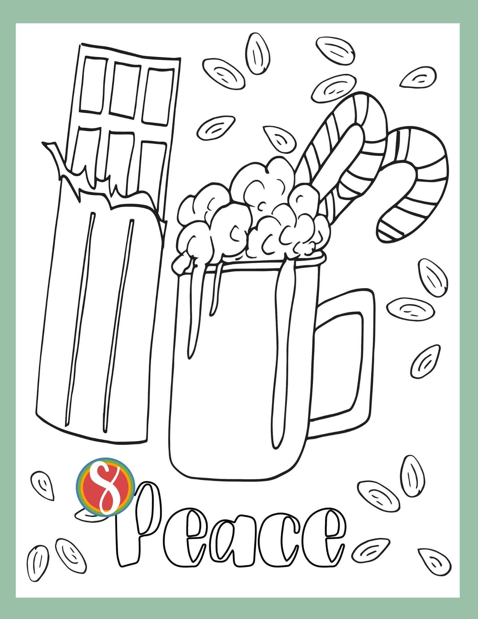 a peace coloring page with hot cocoa and chocolate bar and cacao beans