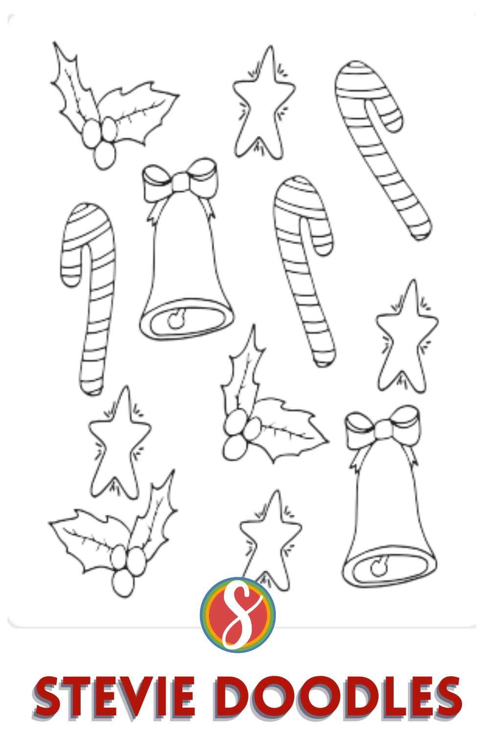coloring page with holly, stars, bells and candy canes