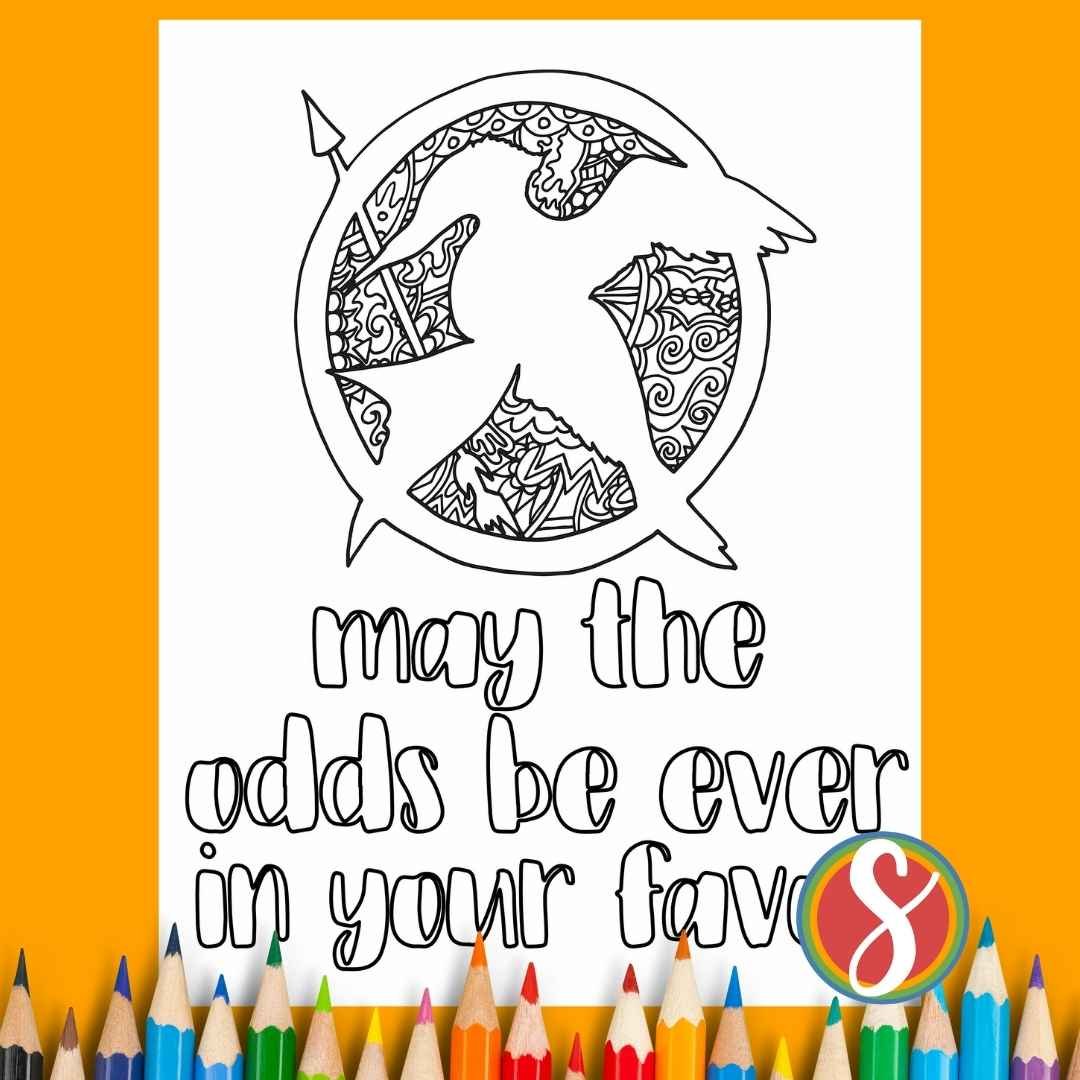 mockingjay image with doodles inside to color, colorable text "may the odds be ever in your favor"