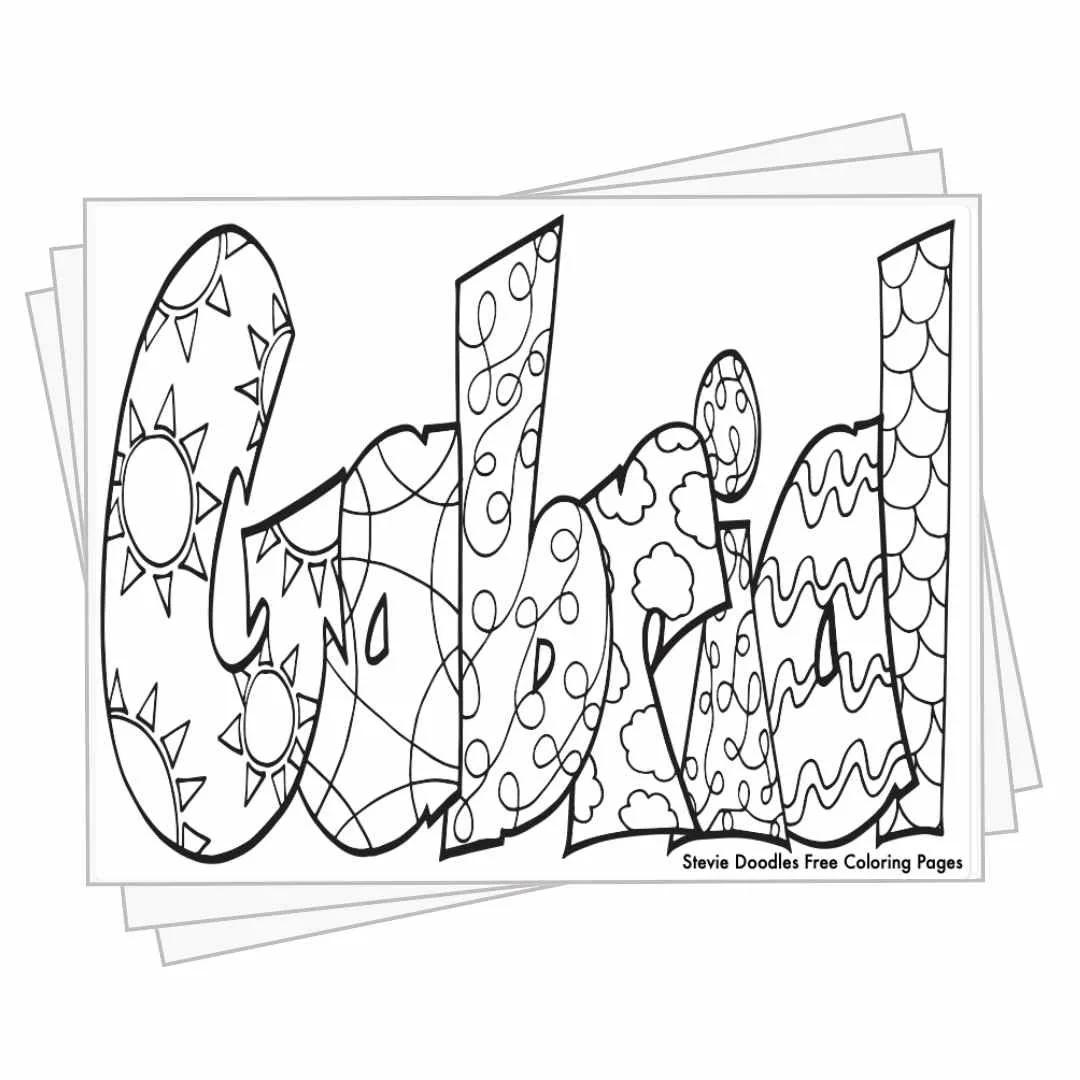 bubble letters "Gabrial" with doodles inside to color