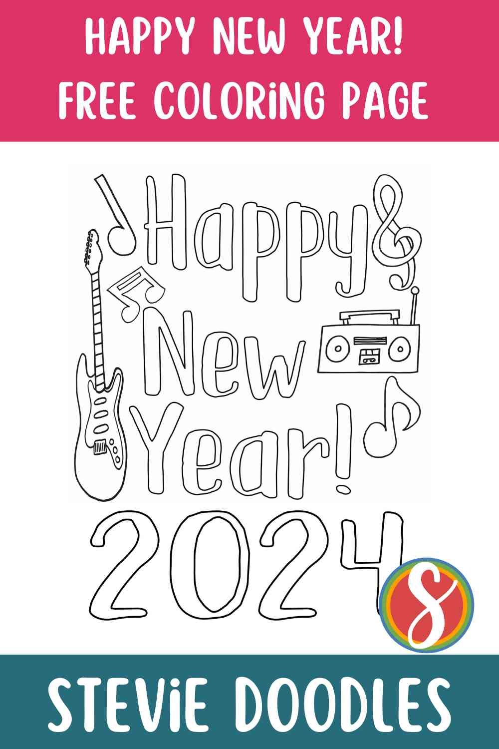 guitar, boombox, music notes to color and colorable text "Happy New Year! 2024"