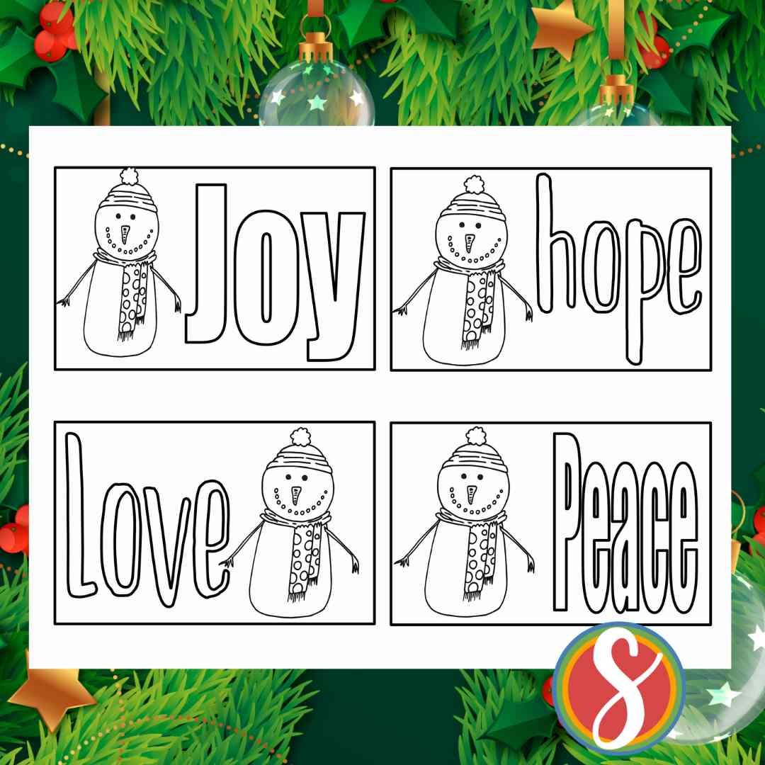 3x 5 cards, each with a snowman and a colorable word "joy" "hope" "love" "peace"
