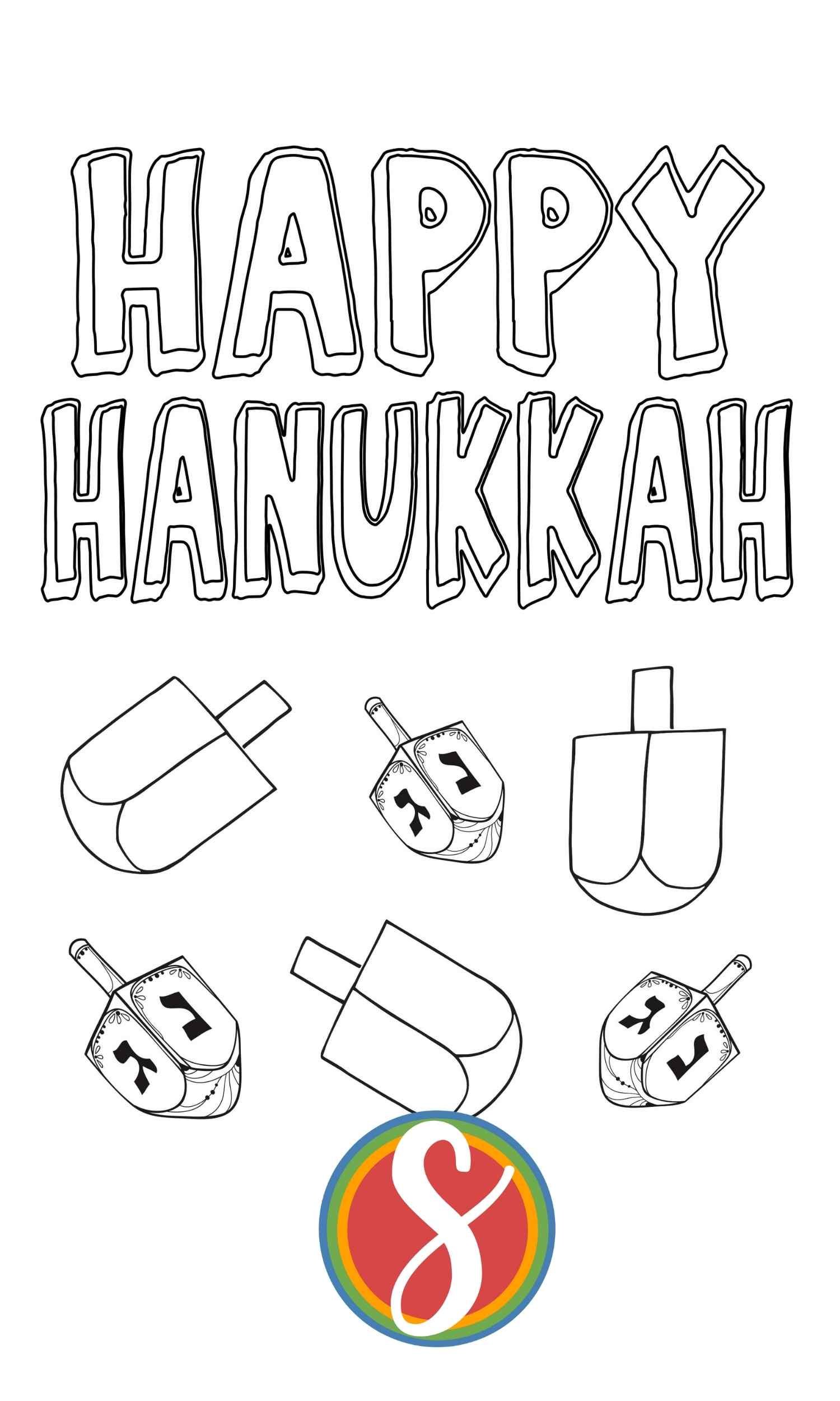 Happy Hanukkah coloring page with 6 dreidels