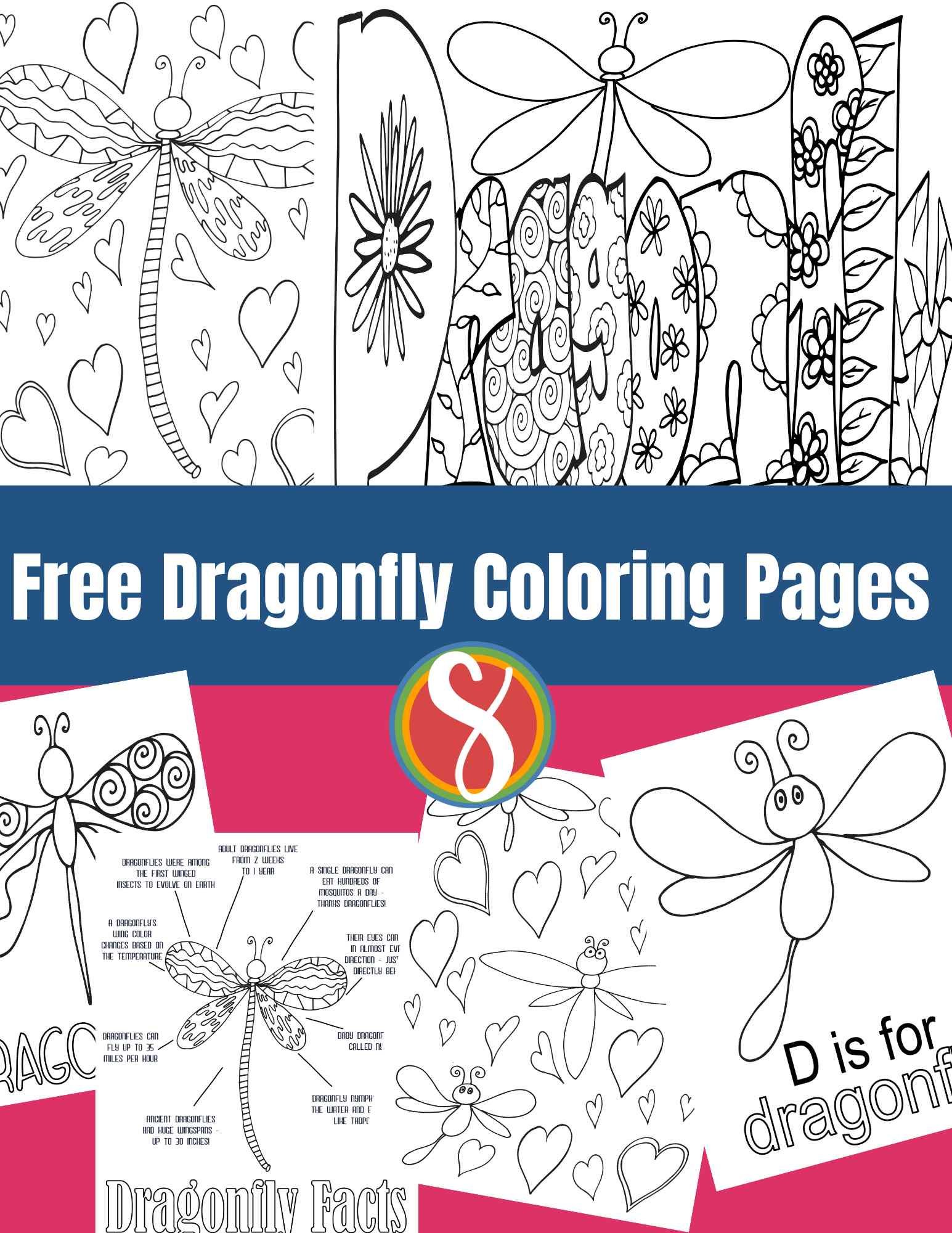 collage of dragonfly coloring pages on a pink background