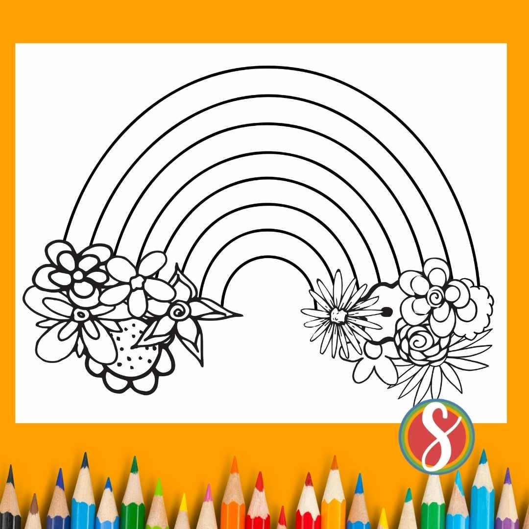 flower coloring page, rainbow with two flower bunches at each end