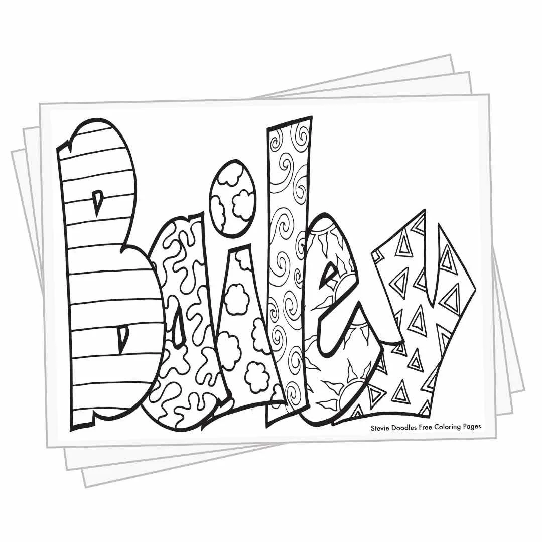 bubble letters "bailey" with doodles inside to color